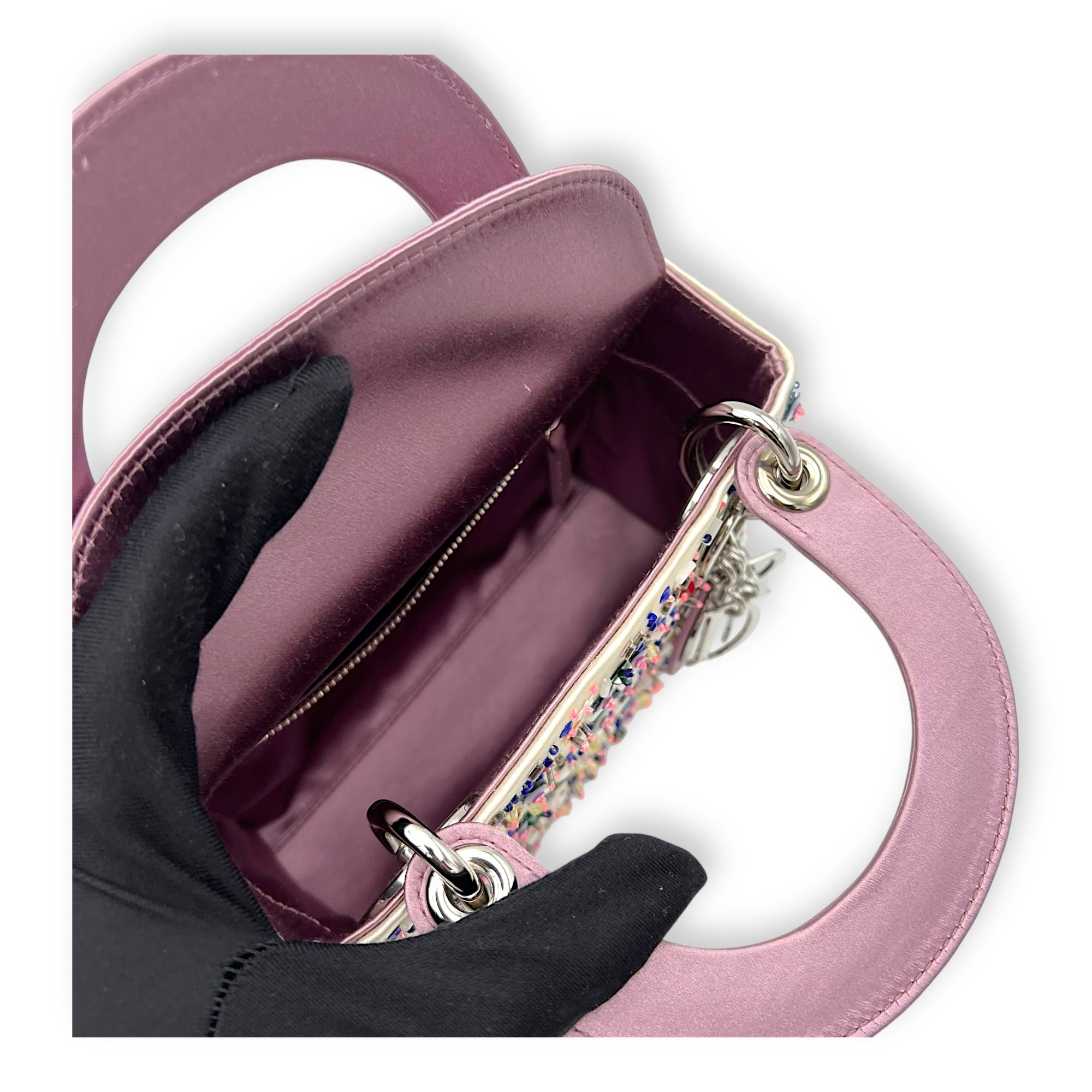 Christian Dior Lady Dior Mini Multi-colour Top Handle Bag in Satin, Silver hardware_8