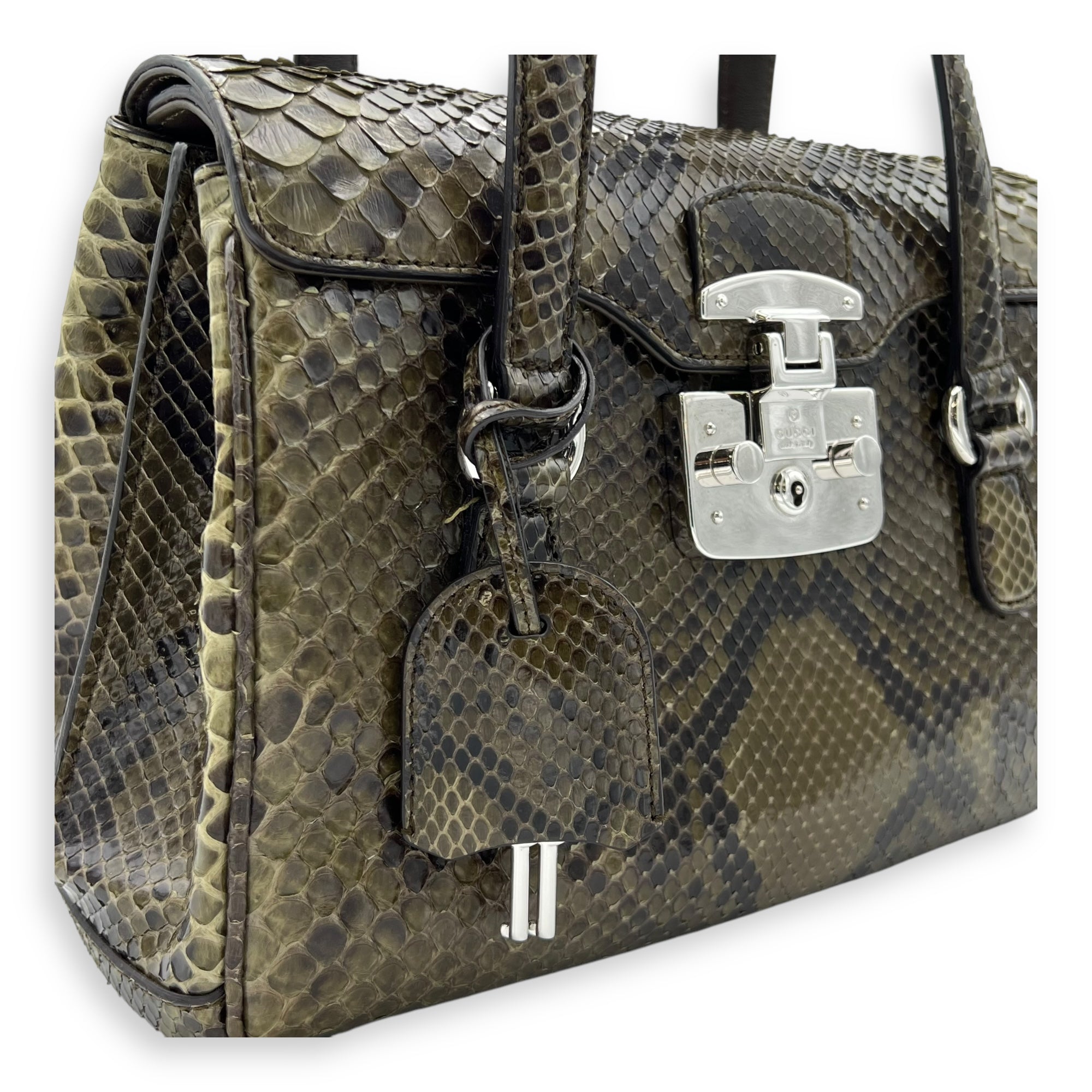 Gucci Flap Top Handle Bag Green in Python Leather, Silver hardware_8