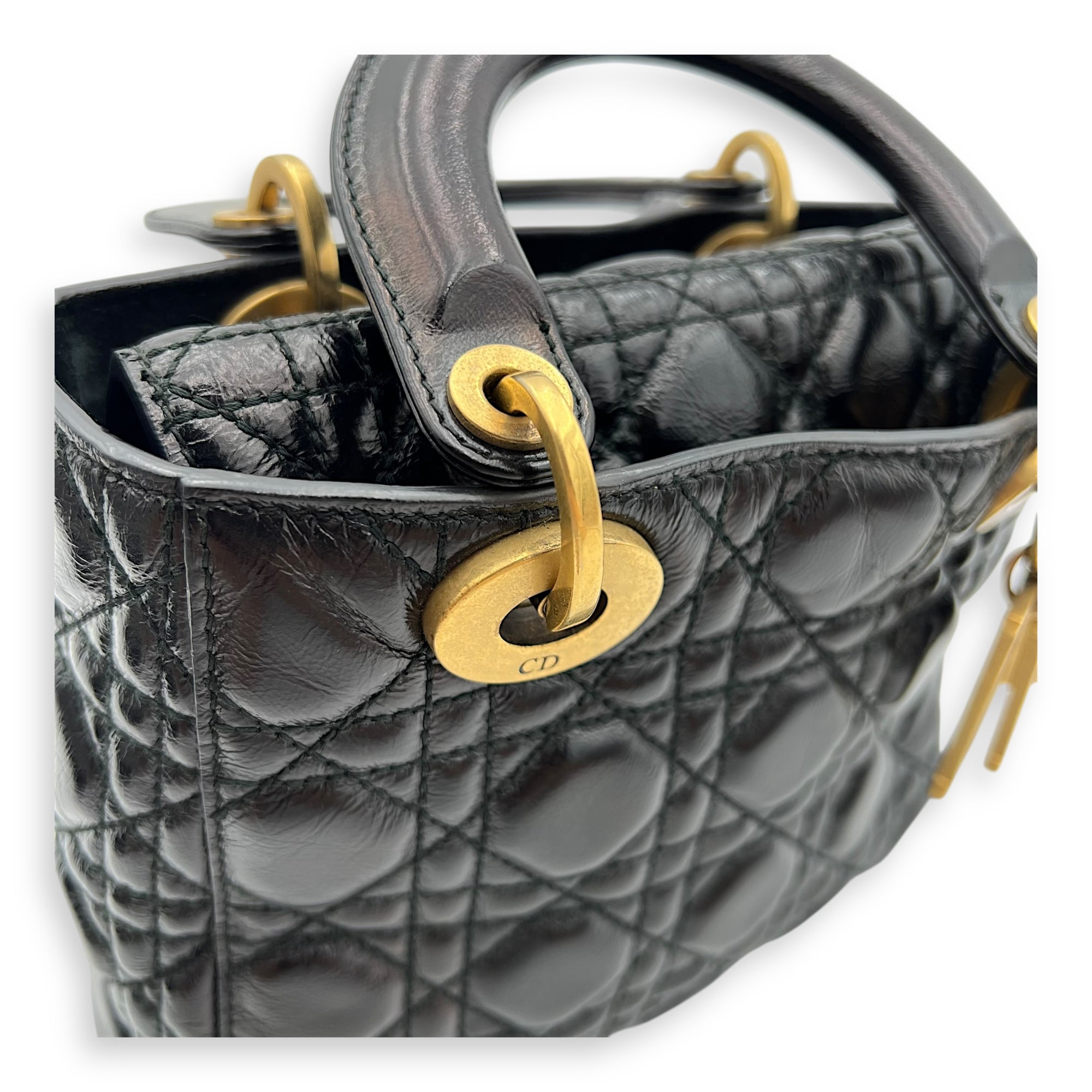 Christian Dior Lady Dior Top Handle Bag Small Black in Calfskin, Gold hardware_8