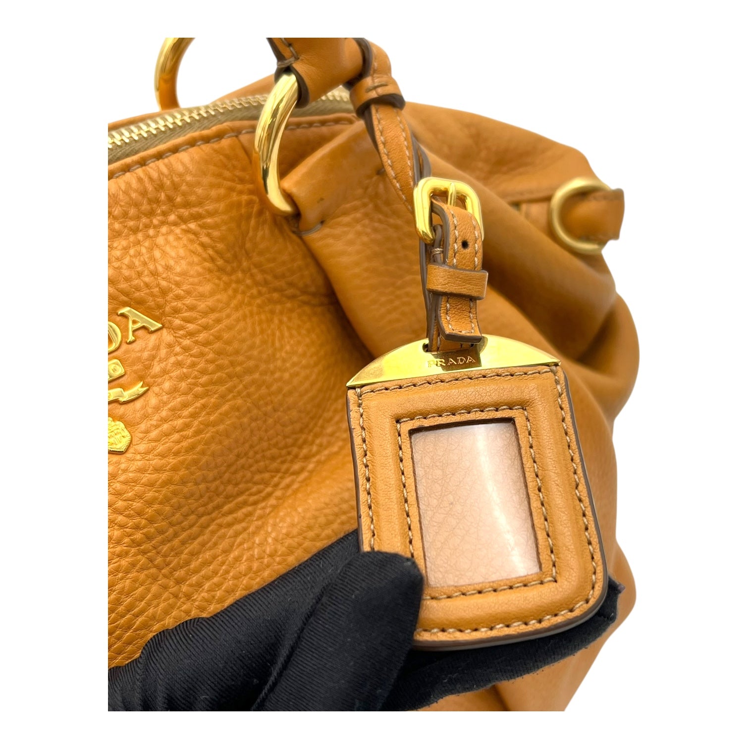 Prada Logo Top Handle Bag Yellow in Calfskin, Gold hardware_8