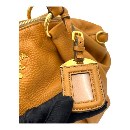 Prada Logo Top Handle Bag Yellow in Calfskin, Gold hardware_8