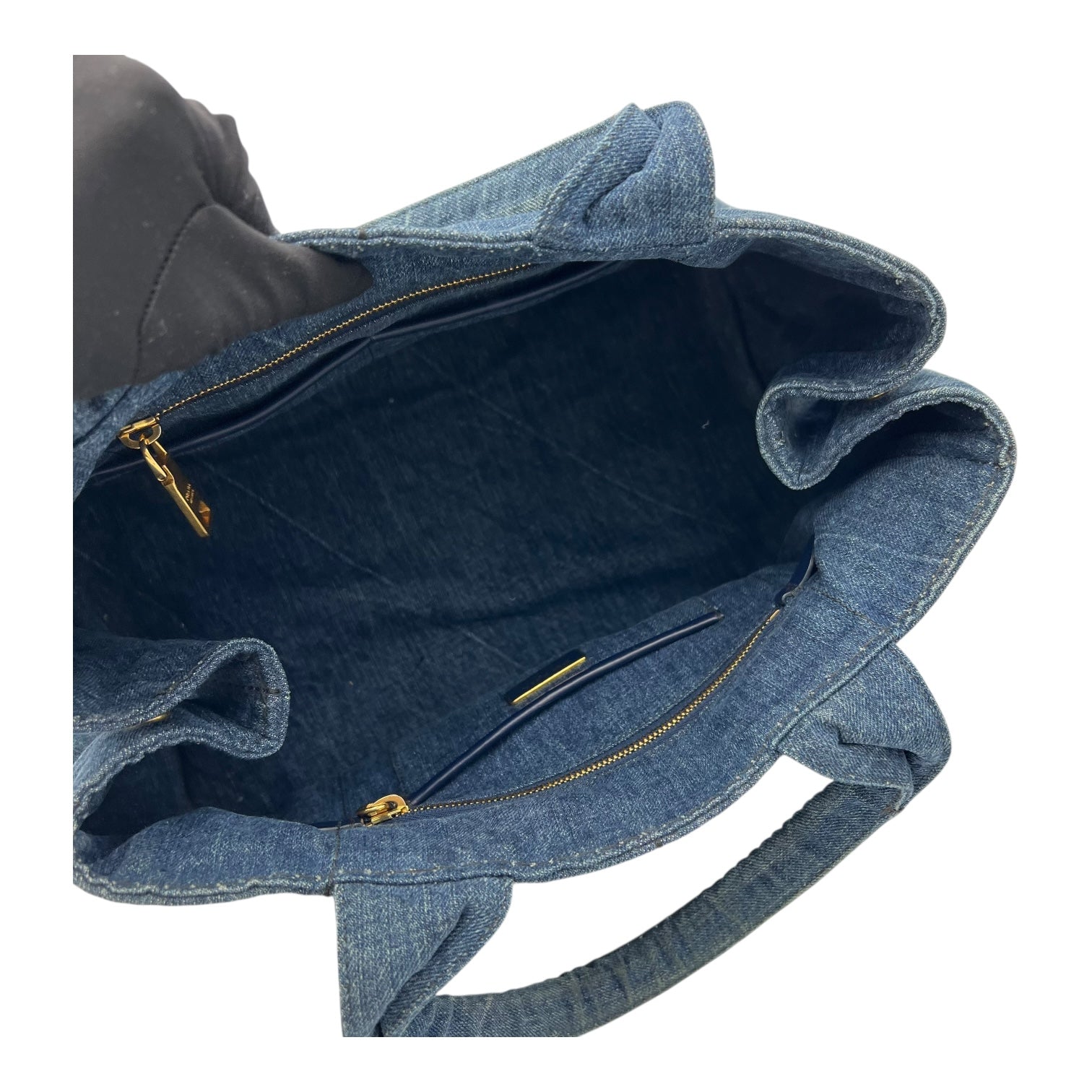 Prada Canapa Top Handle Bag Blue in Denim, Gold hardware_8