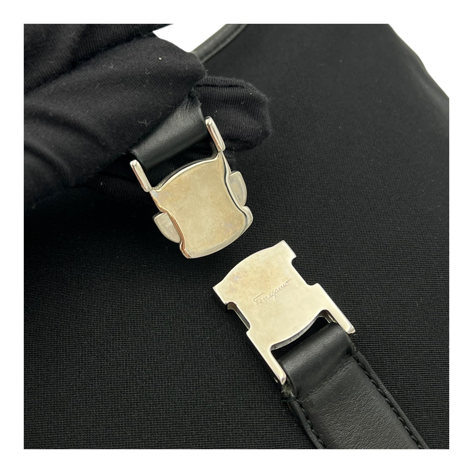 Salvatore Ferragamo Logo Shoulder Bag Black in Nylon, Silver hardware_8