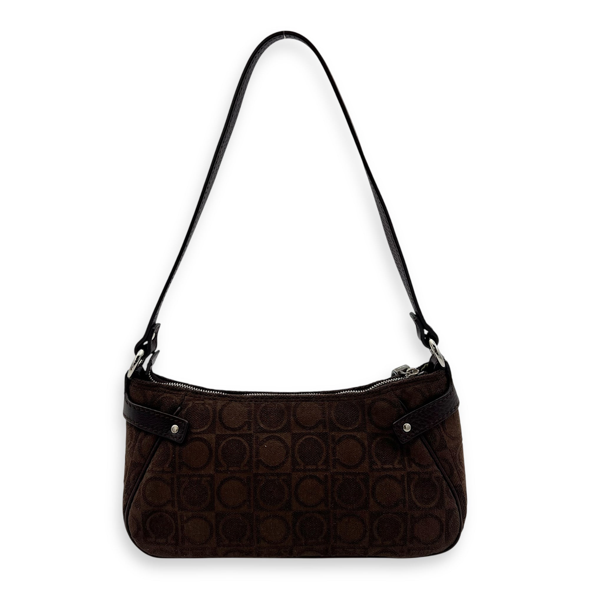 Salvatore Ferragamo Gancini Brown Shoulder Bag in Fabric, Silver hardware_2