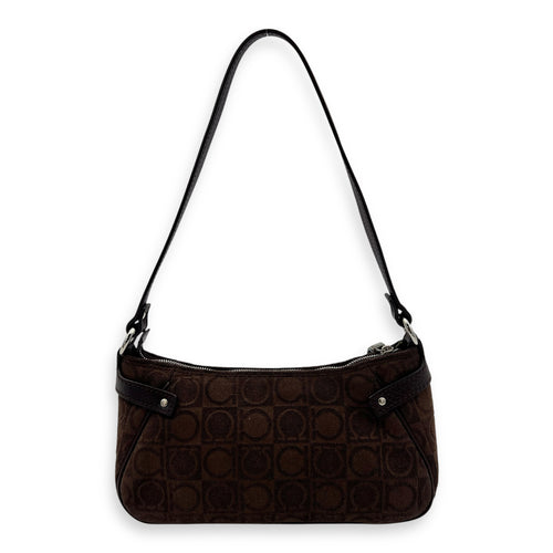 Salvatore Ferragamo Gancini Brown Shoulder Bag in Fabric, Silver hardware_2