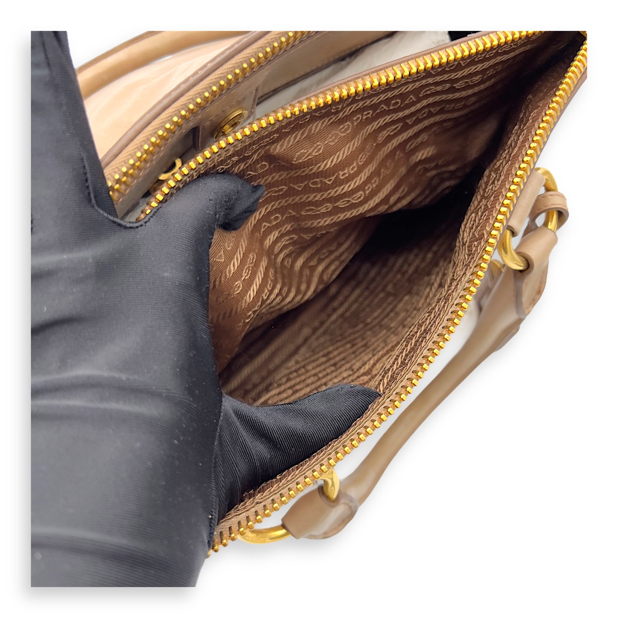 Prada Logo Top Handle Bag Beige in Calfskin, Gold hardware_8