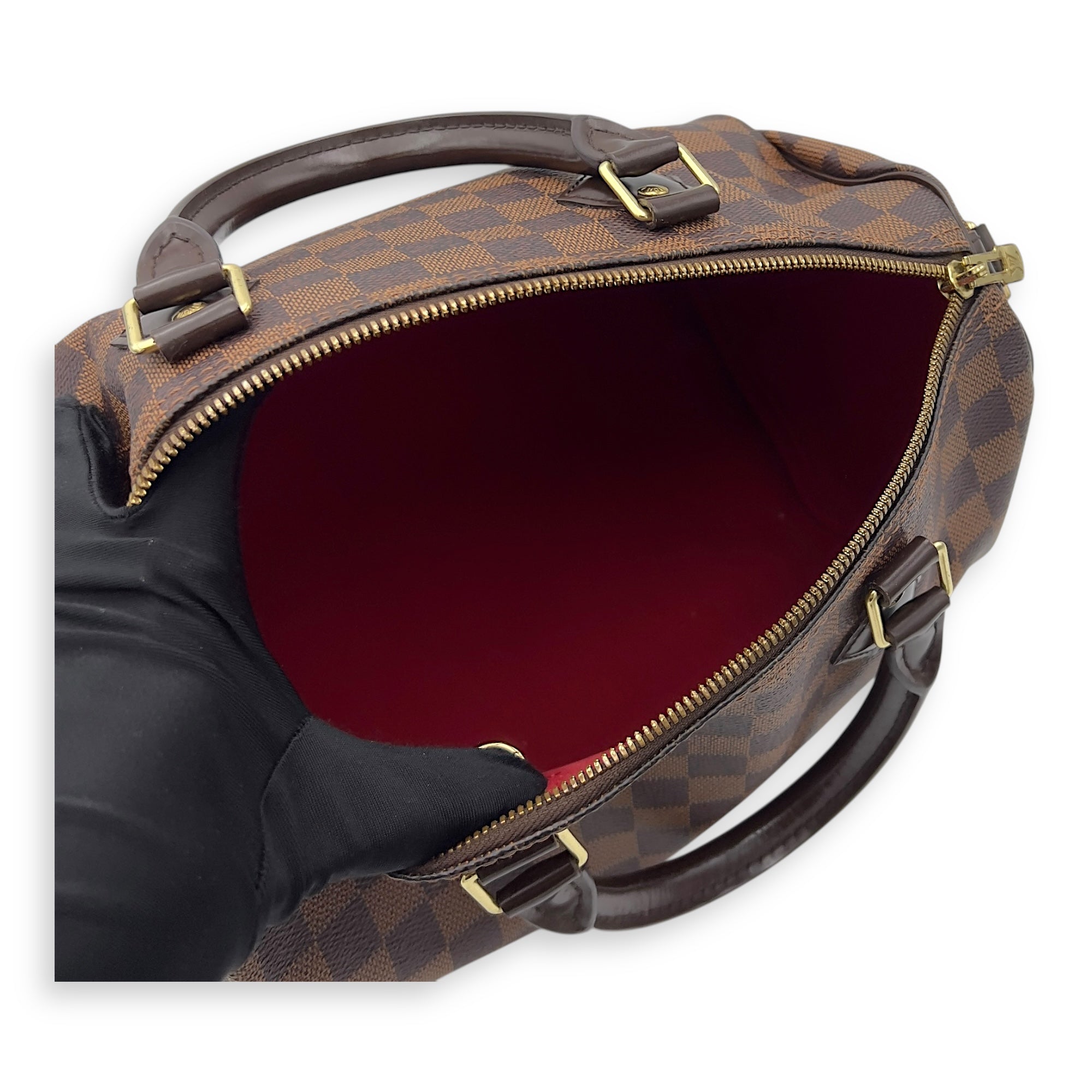 Louis Vuitton Speedy Bandouliere Top Handle Bag 30 Damier in Coated Canvas, Gold hardware_8