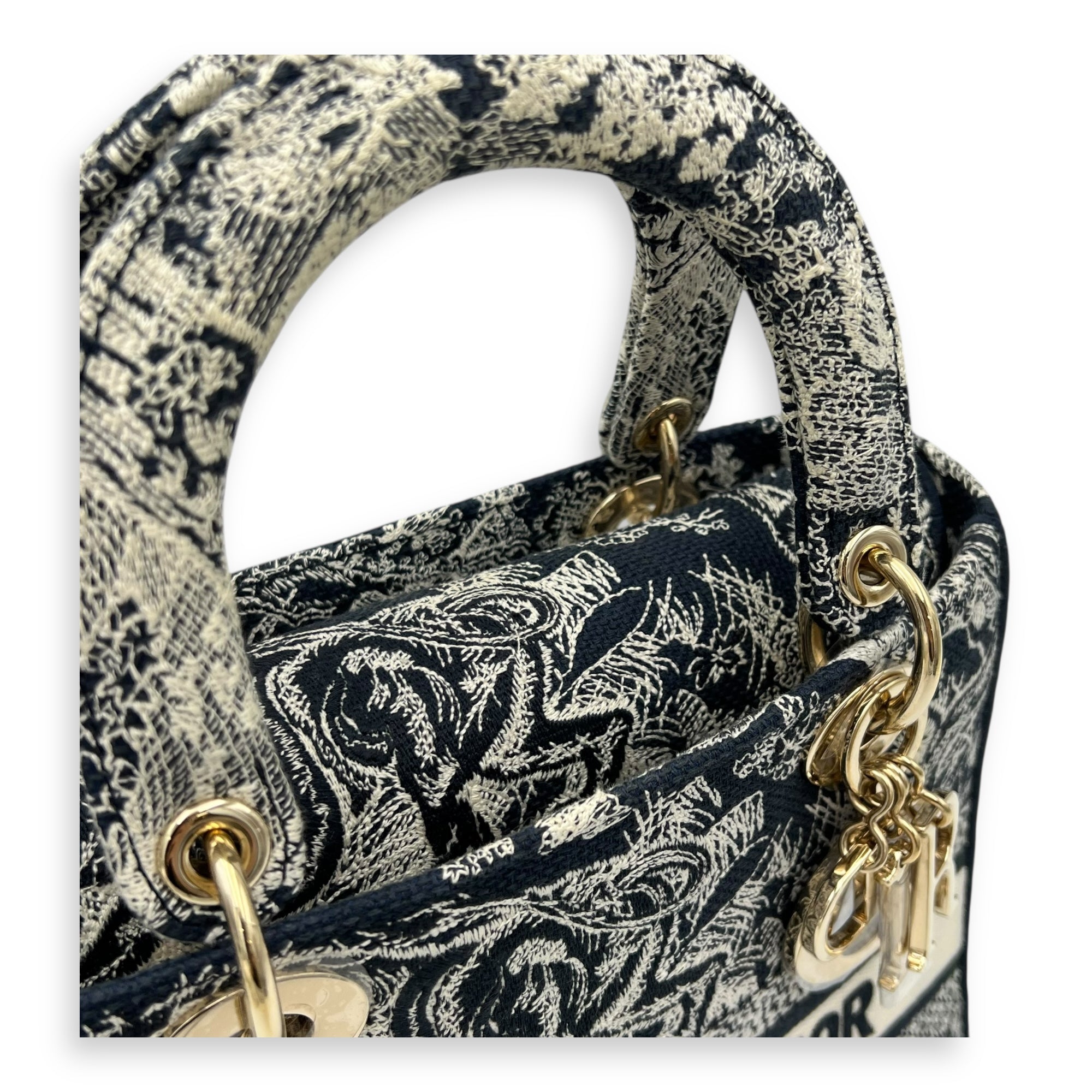 Christian Dior Lady Dior Medium Blue Top Handle Bag in Jacquard, Gold hardware_8