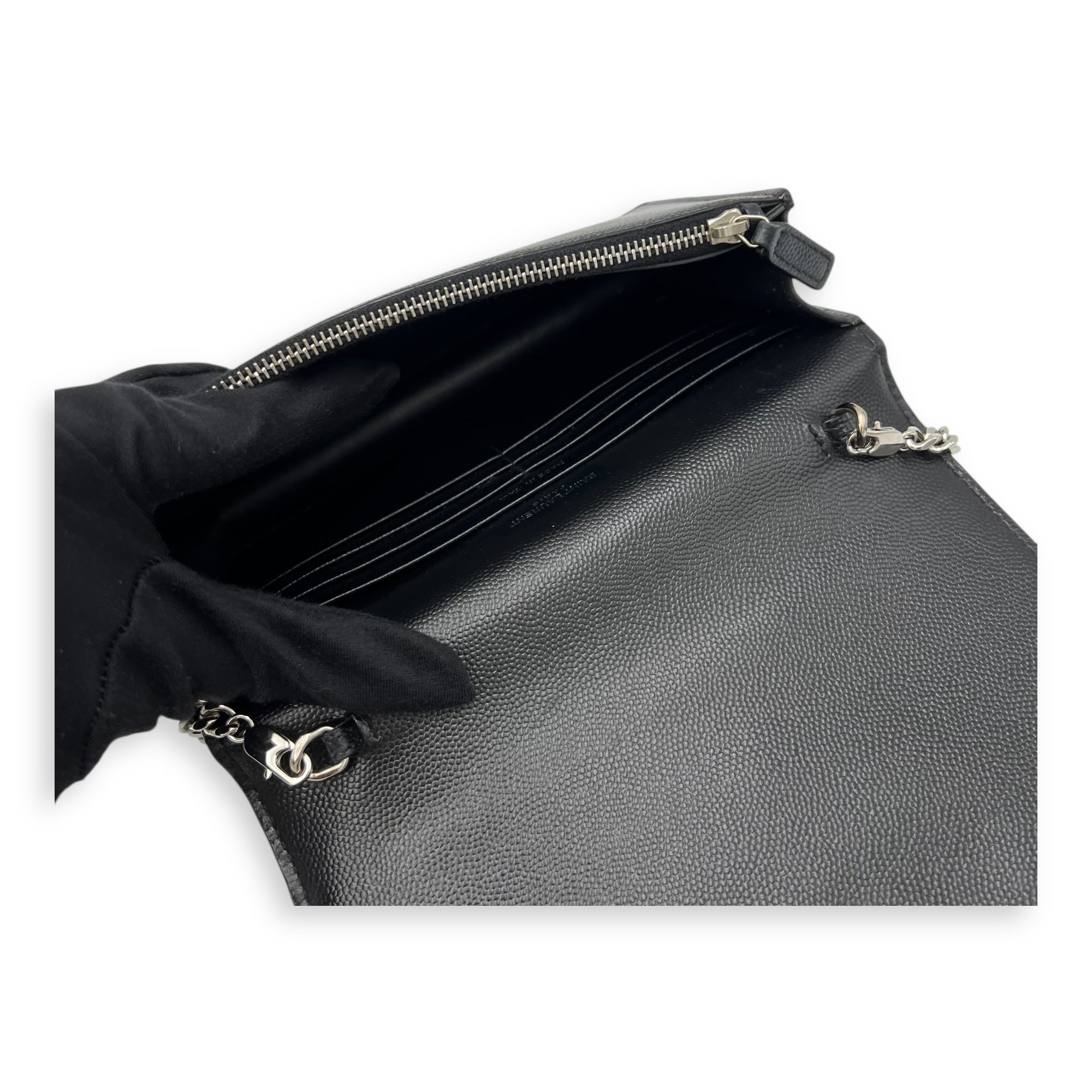 Saint Laurent Kate Wallet On Chain Black in Caviar Leather, Silver hardware_8