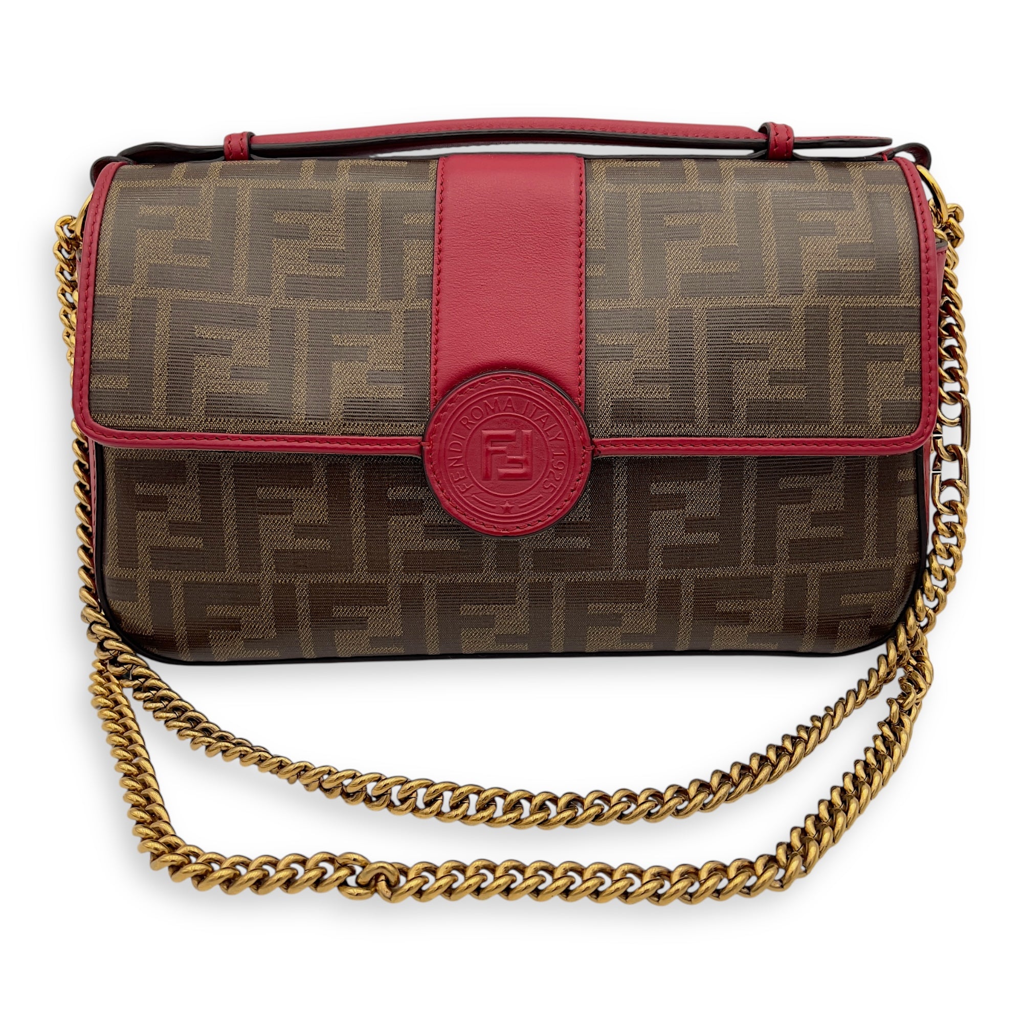 Fendi Double F Shoulder Bag Brown in Coated Canvas, Gold hardware_8