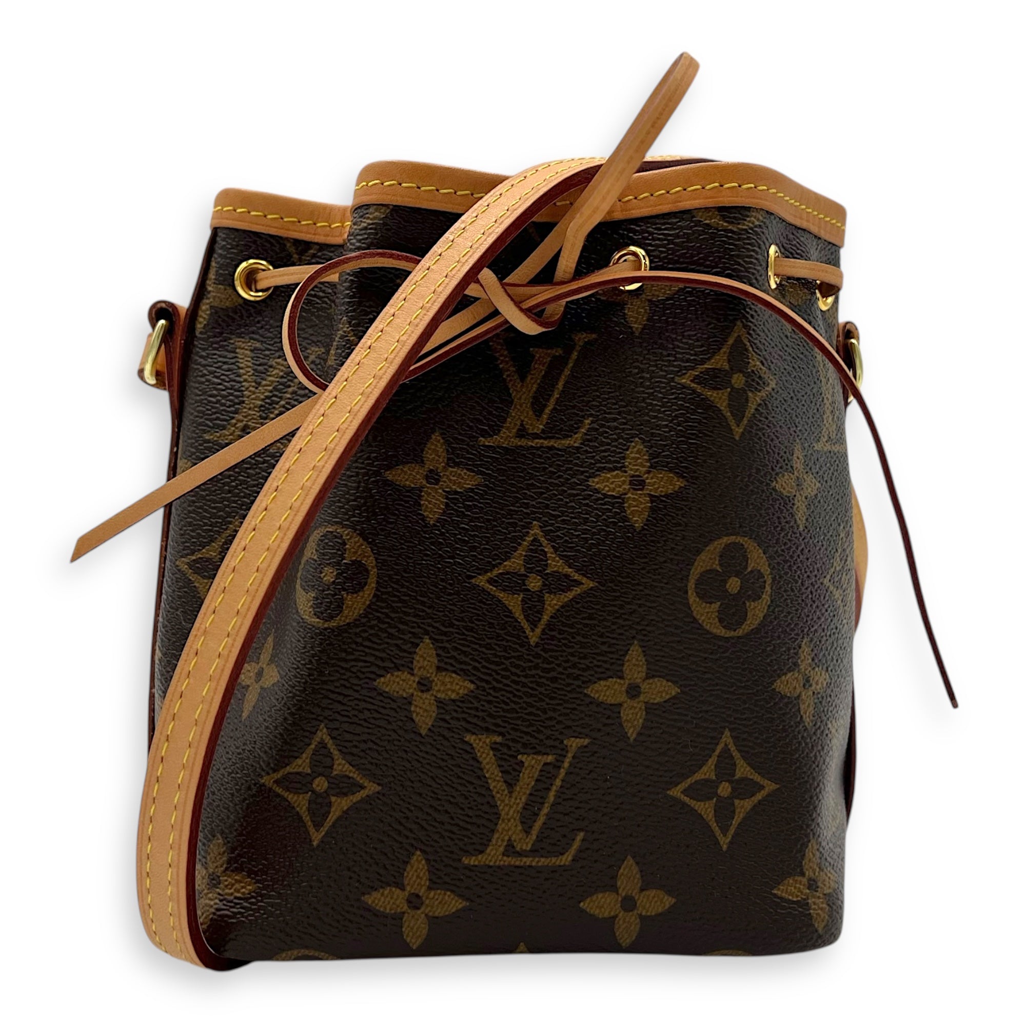 Louis Vuitton Noe Crossbody Bag Nano Brown in Monogram Coated Canvas, Gold hardware_8