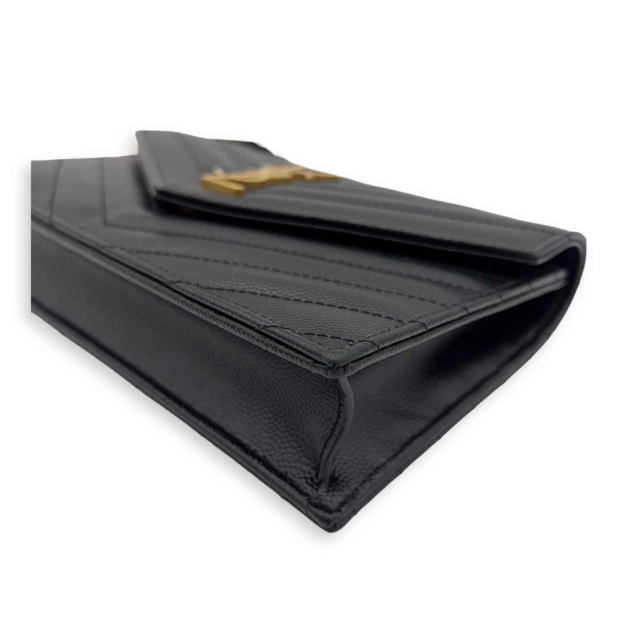 Saint Laurent Cassandra Wallet On Chain Black in Caviar Leather, Gold hardware_8