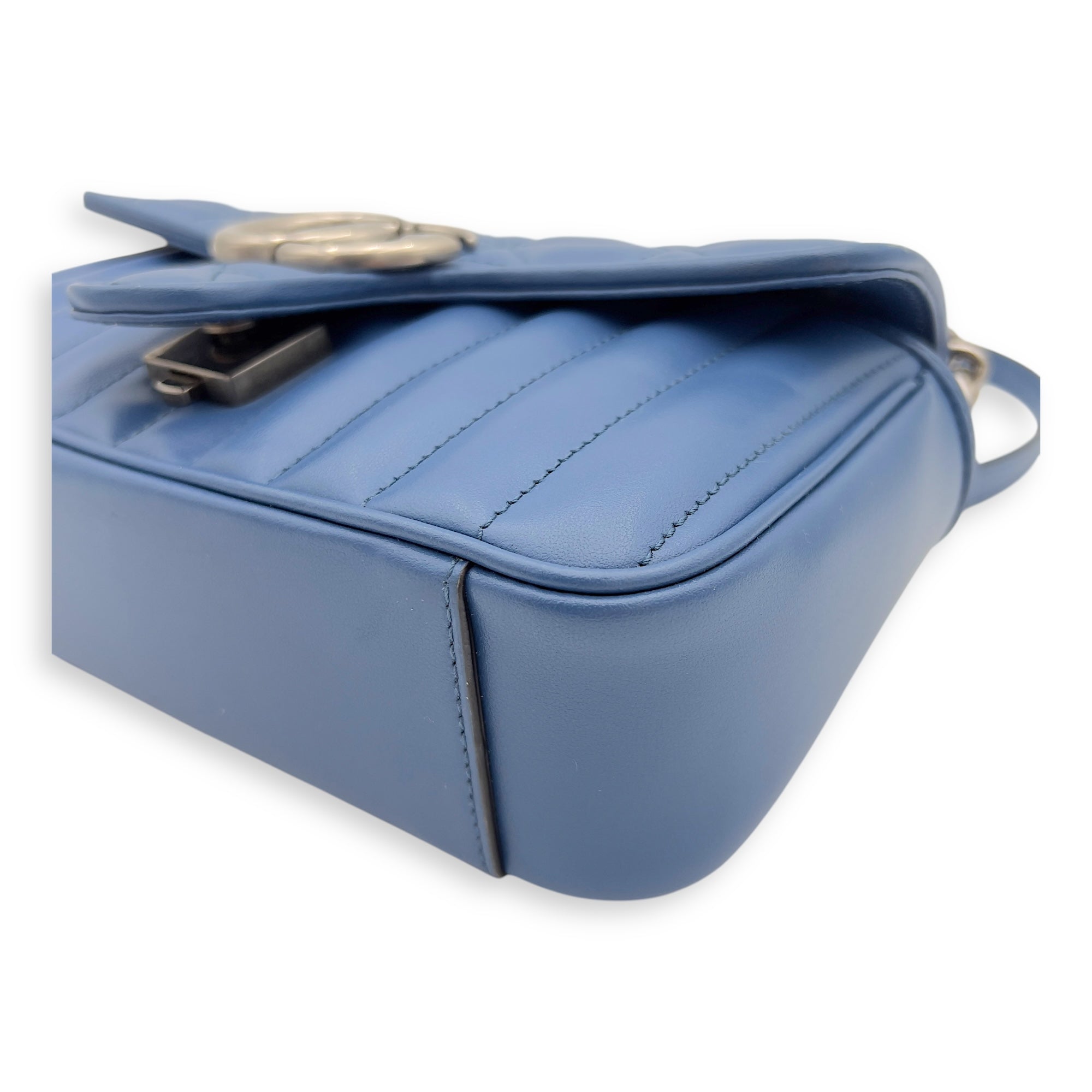 Gucci GG Marmont Shoulder Bag Blue in Calfskin, Ruthenium hardware_10