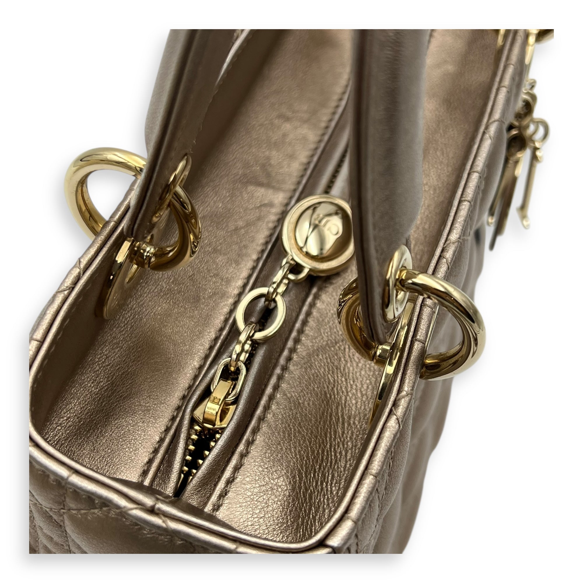 Christian Dior Lady Dior Medium Bronze Top Handle Bag in Lambskin, Gold hardware_8