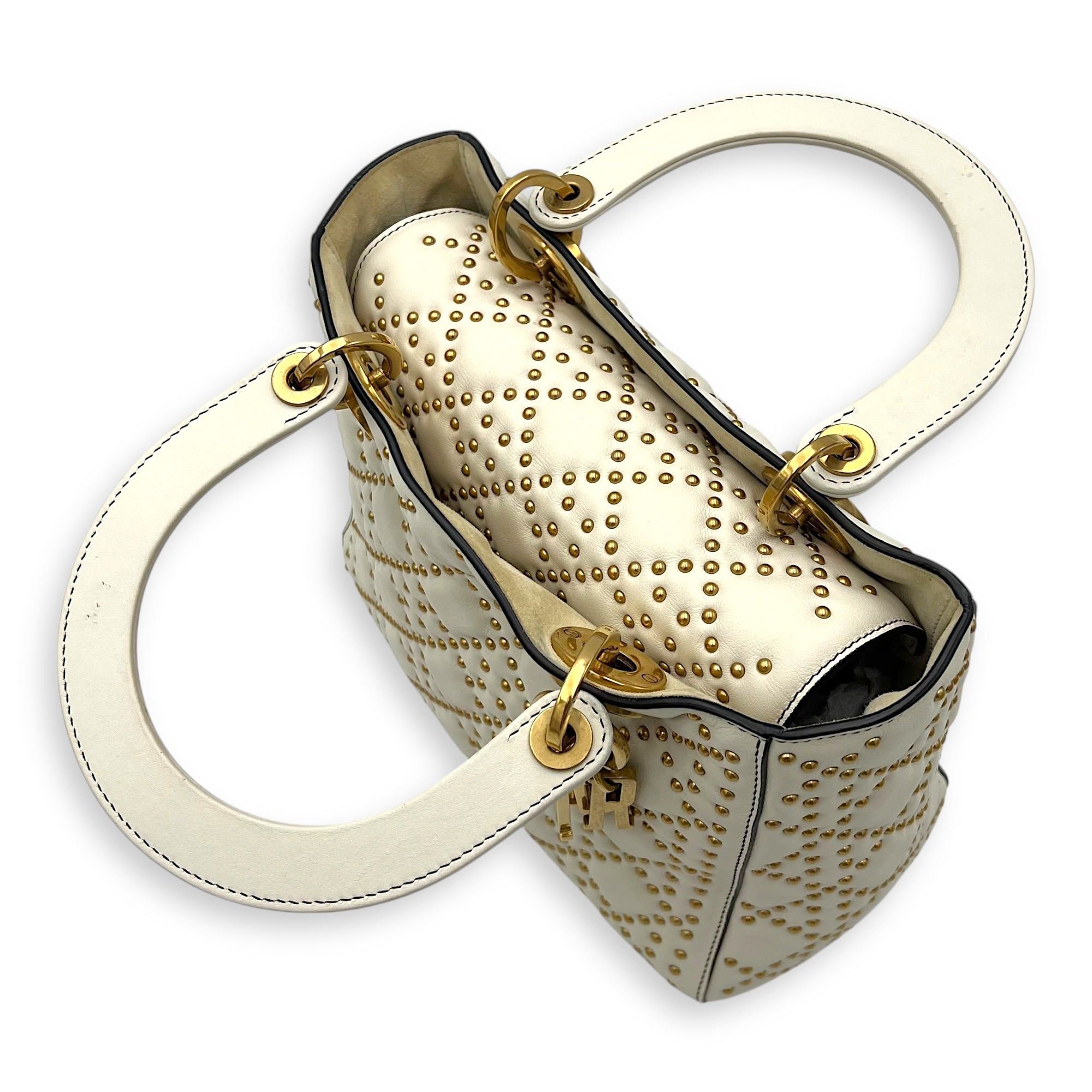 Christian Dior Lady Dior Top Handle Bag White in Calfskin, Gold hardware_8