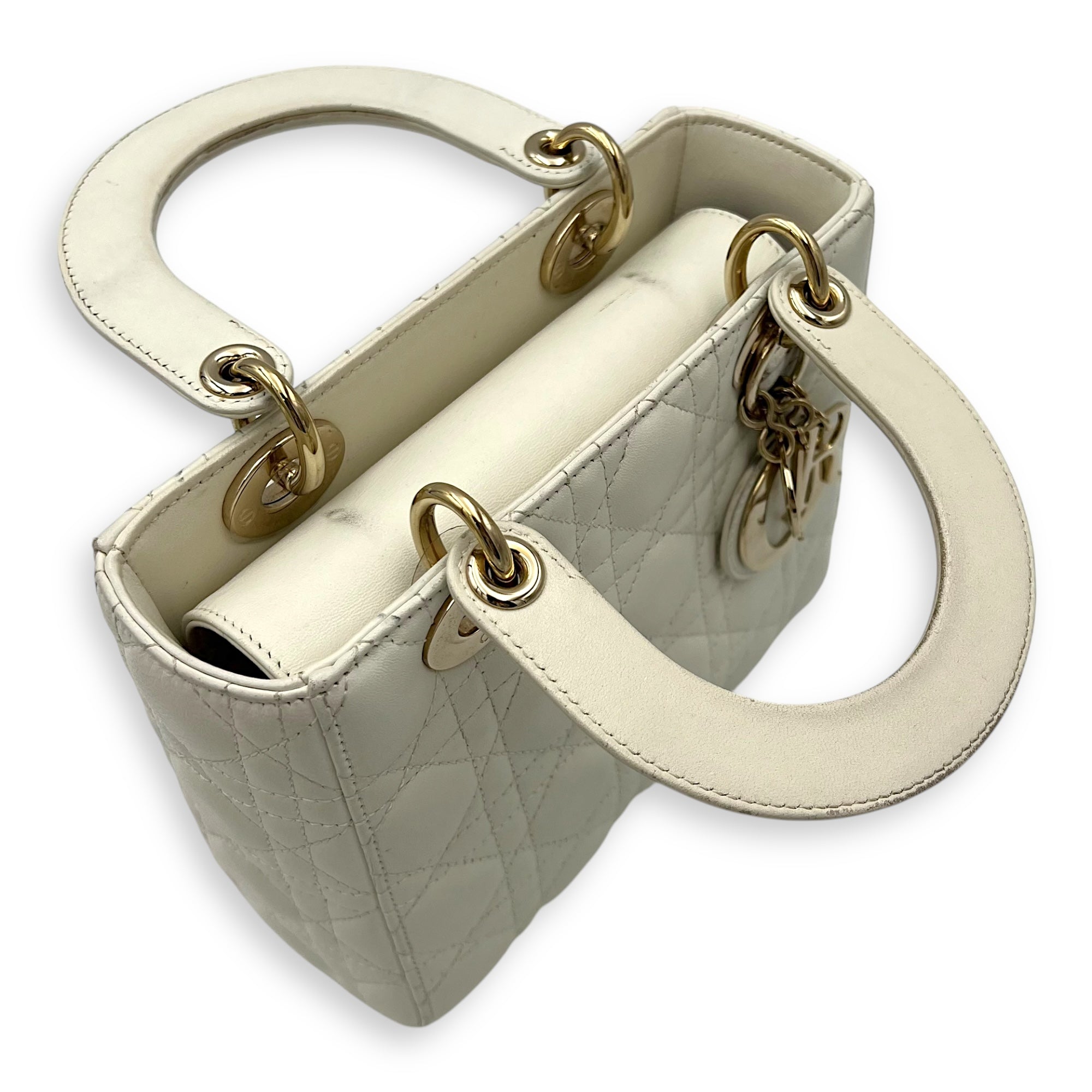 Christian Dior Lady Dior Small White Top Handle Bag in Lambskin, Gold hardware_8