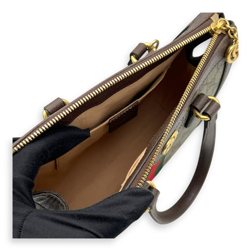 Gucci Ophidia Small Brown Top Handle Bag in Monogram Coated Canvas, Gold hardware_8