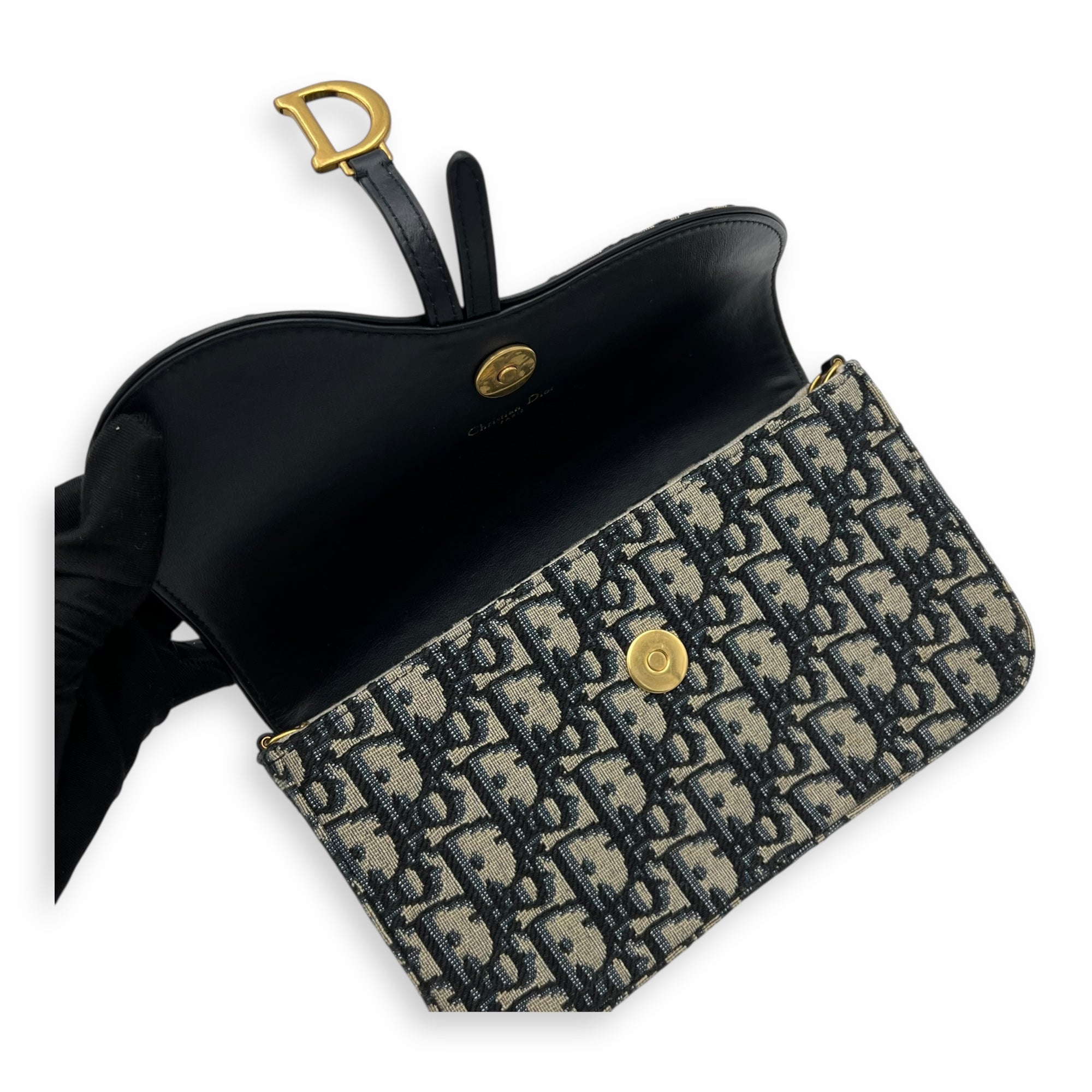 Christian Dior Saddle Wallet On Chain Blue in Jacquard, Gold hardware_8