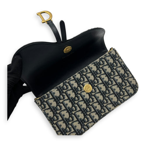 Christian Dior Saddle Wallet On Chain Blue in Jacquard, Gold hardware_8