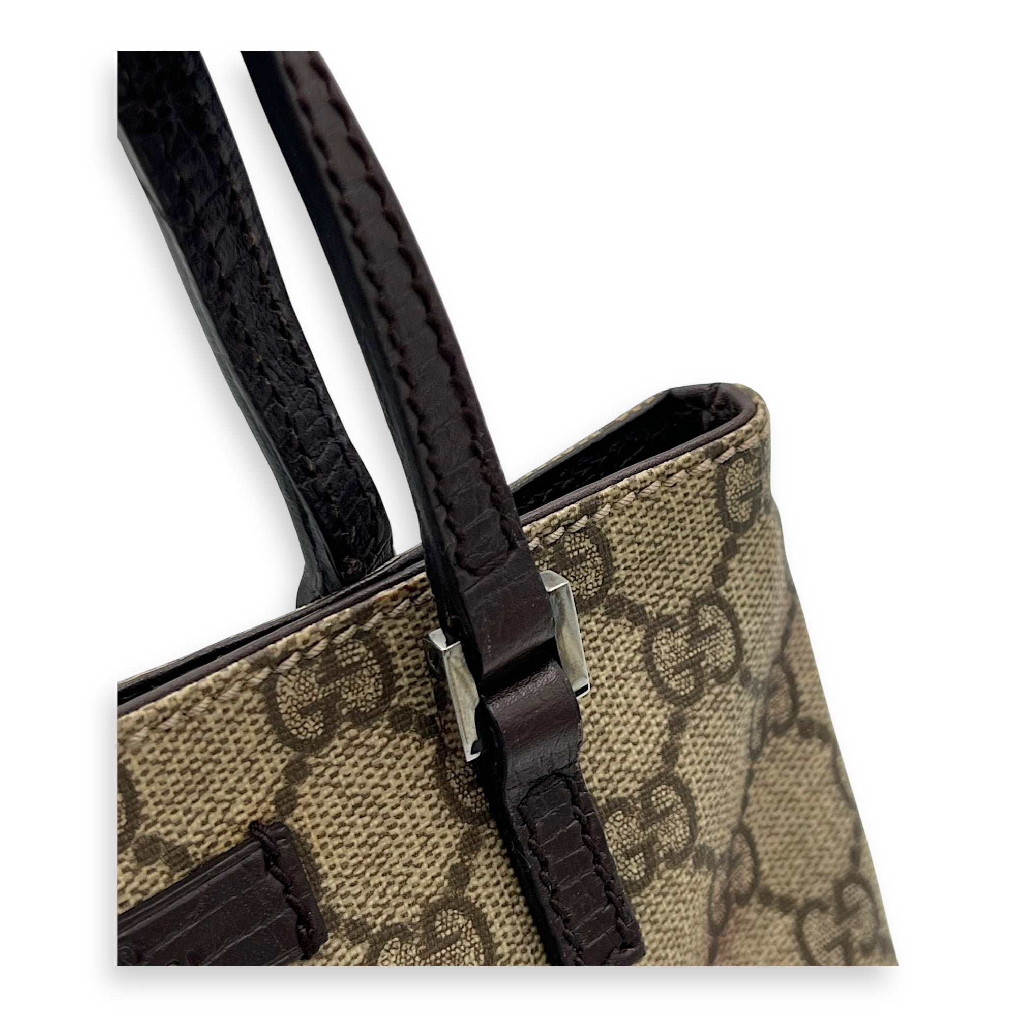 Gucci GG Supreme Mini Brown Top Handle Bag in Coated Canvas, Silver hardware_8