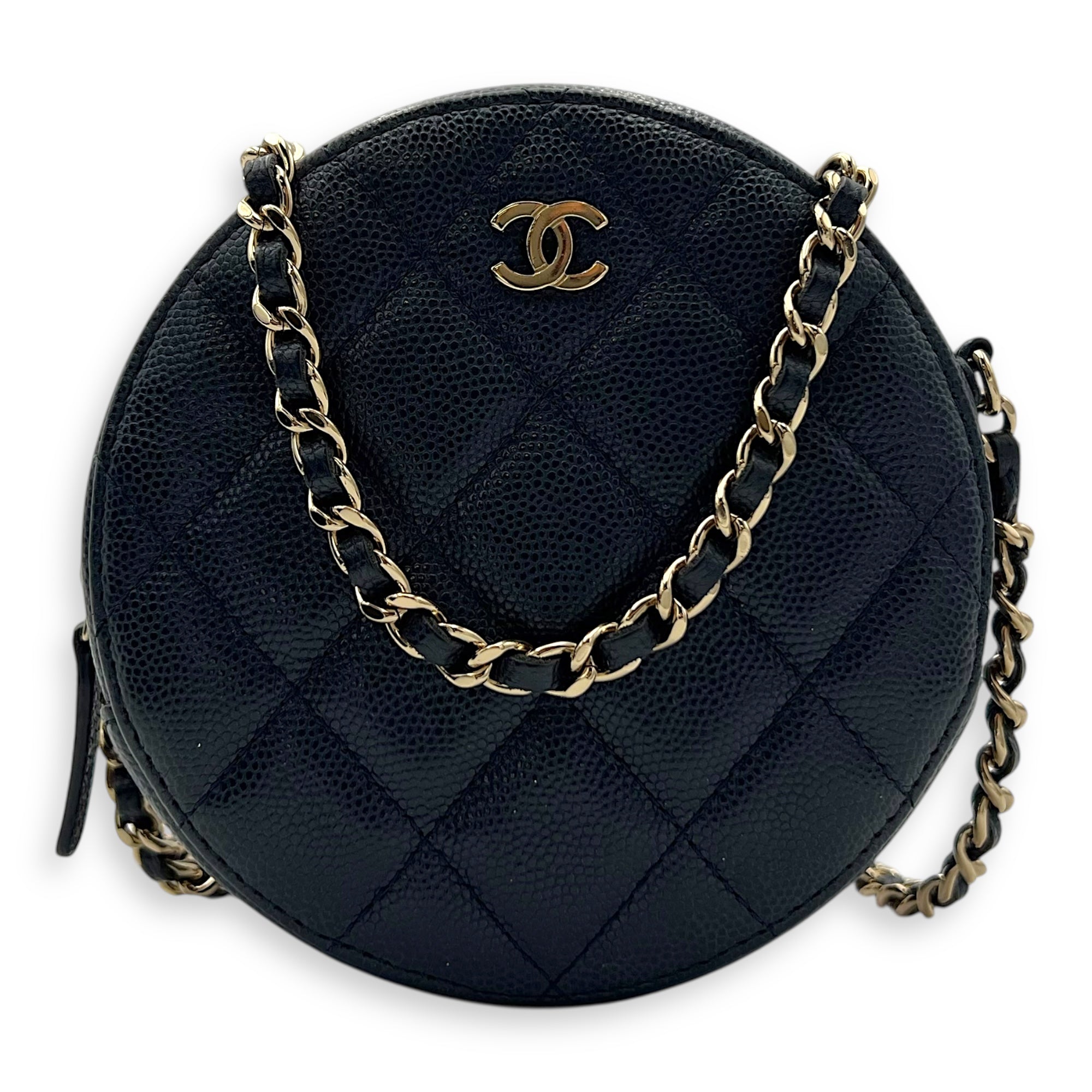 Chanel GHW mini round Crossbody Bag Mini Blue in Caviar Leather, Gold hardware_8