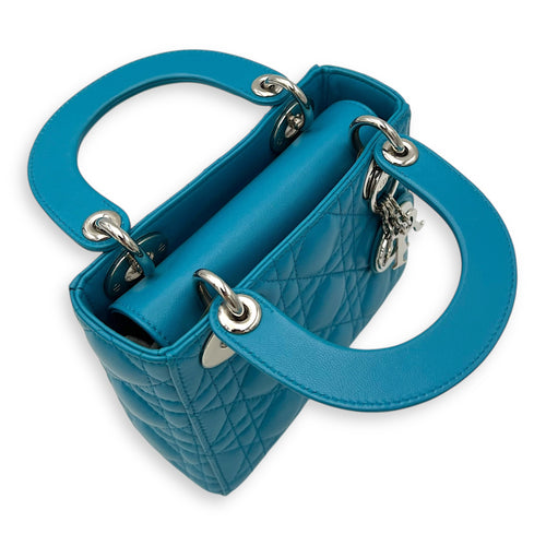 Christian Dior Lady Dior Top Handle Bag Mini Blue in Lambskin, Silver hardware_8