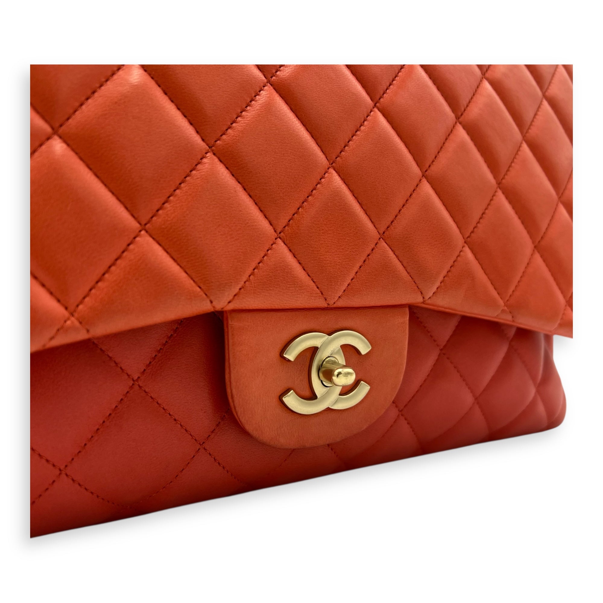Chanel Classic Orange Shoulder Bag in Lambskin, Brushed Gold hardware_8
