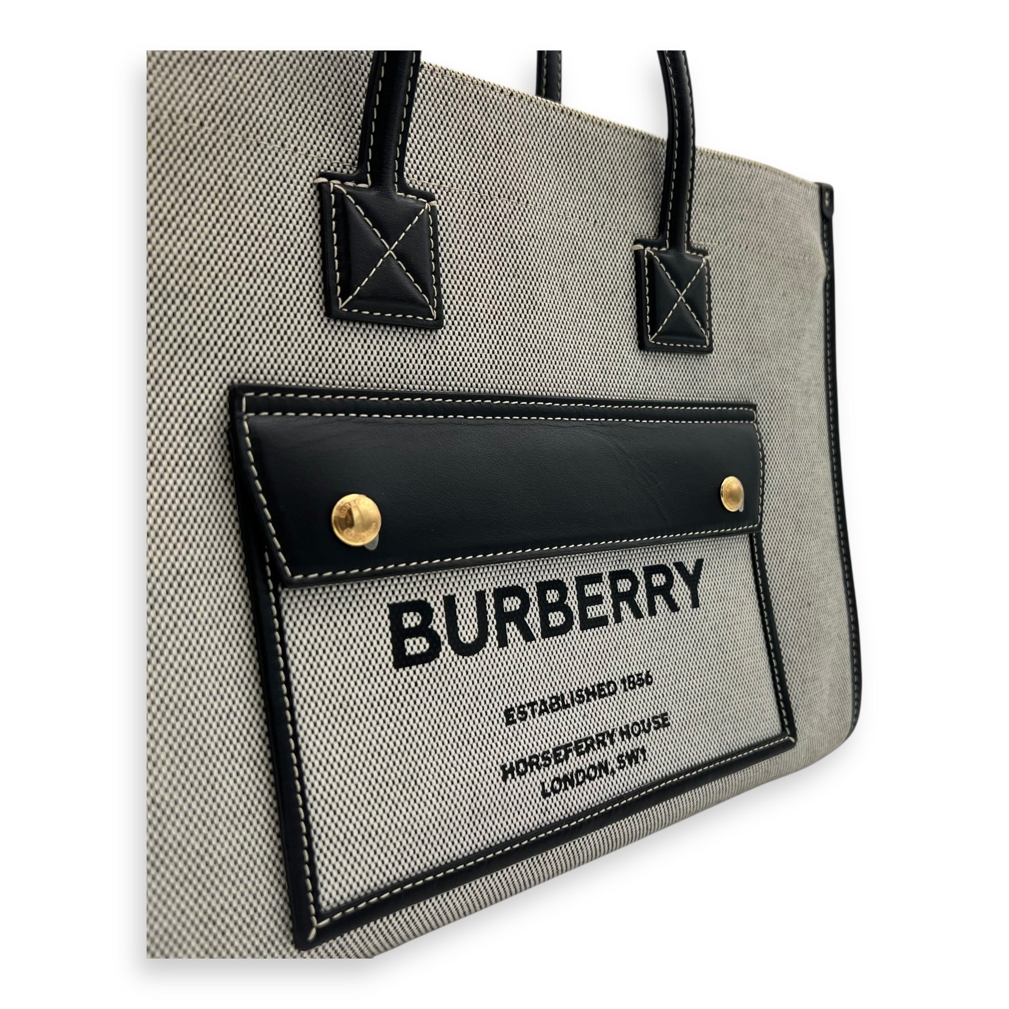 Burberry Freya Tote Bag Black in Canvas, Gold hardware_8
