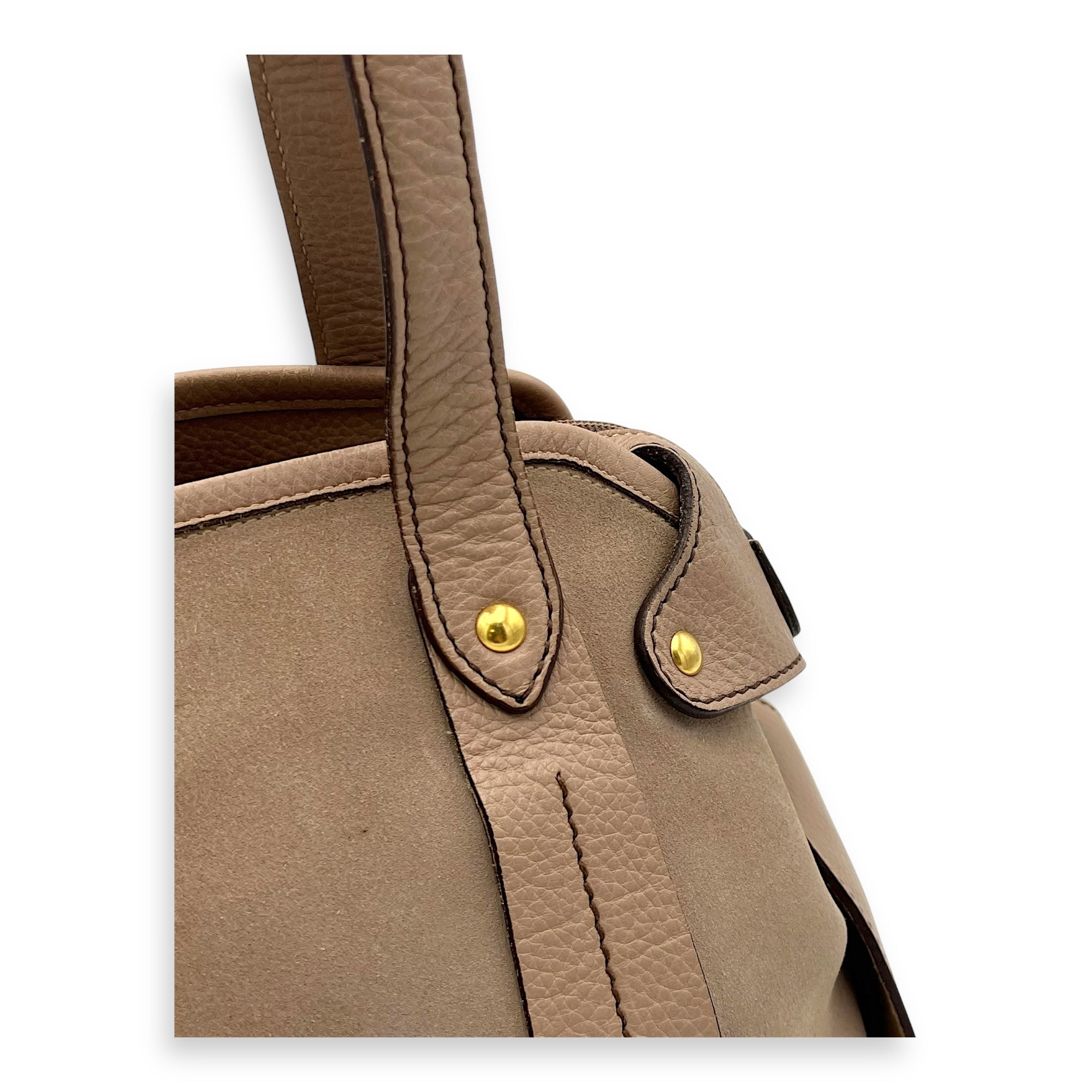 Salvatore Ferragamo Gancini Shoulder Bag Beige in Suede Leather, Gold hardware_8
