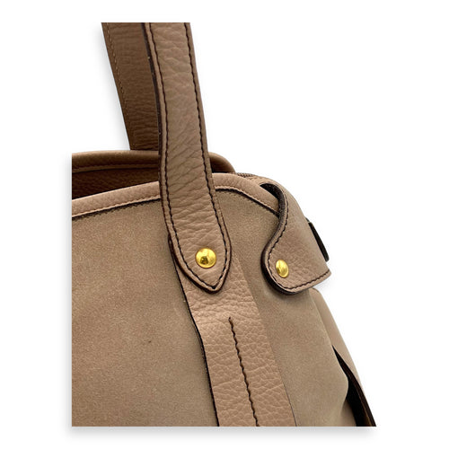 Salvatore Ferragamo Gancini Shoulder Bag Beige in Suede Leather, Gold hardware_8