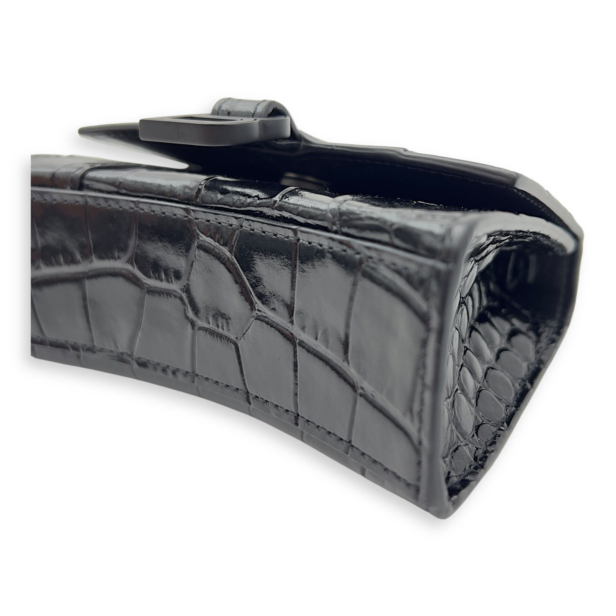 Balenciaga Hourglass Mini Black Top Handle Bag in Crocodile Embossed Calfskin, Lacquered Metal hardware_8