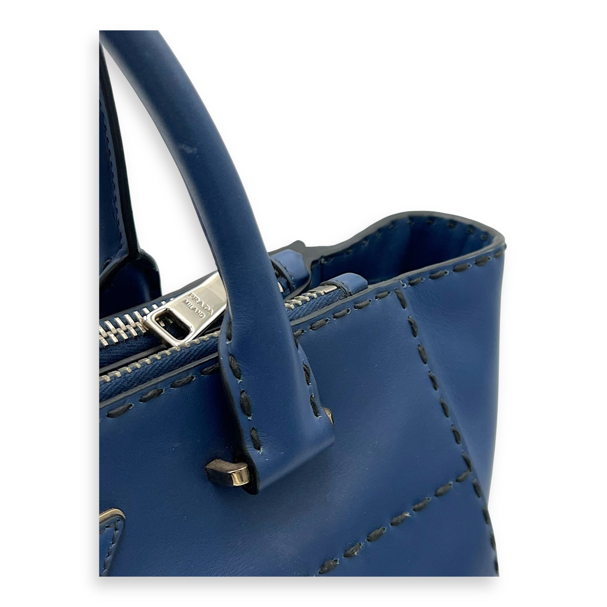 Prada Logo Top Handle Bag Blue in Calfskin, Gold hardware_8