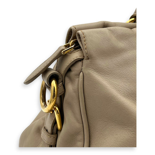 Prada Logo Top Handle Bag Beige in Calfskin, Gold hardware_8