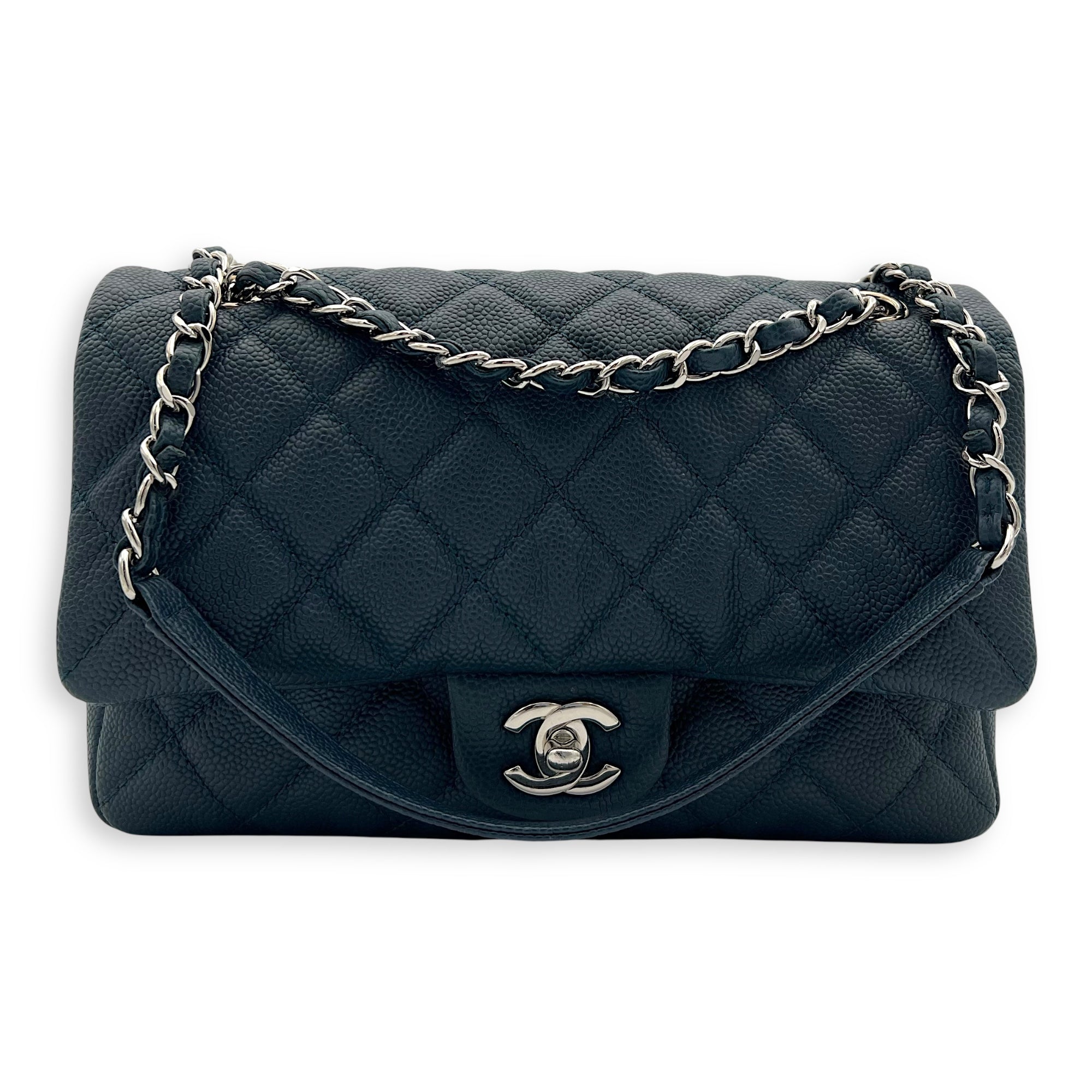 Chanel CC Shoulder Bag Blue in Caviar Leather, Silver hardware_8