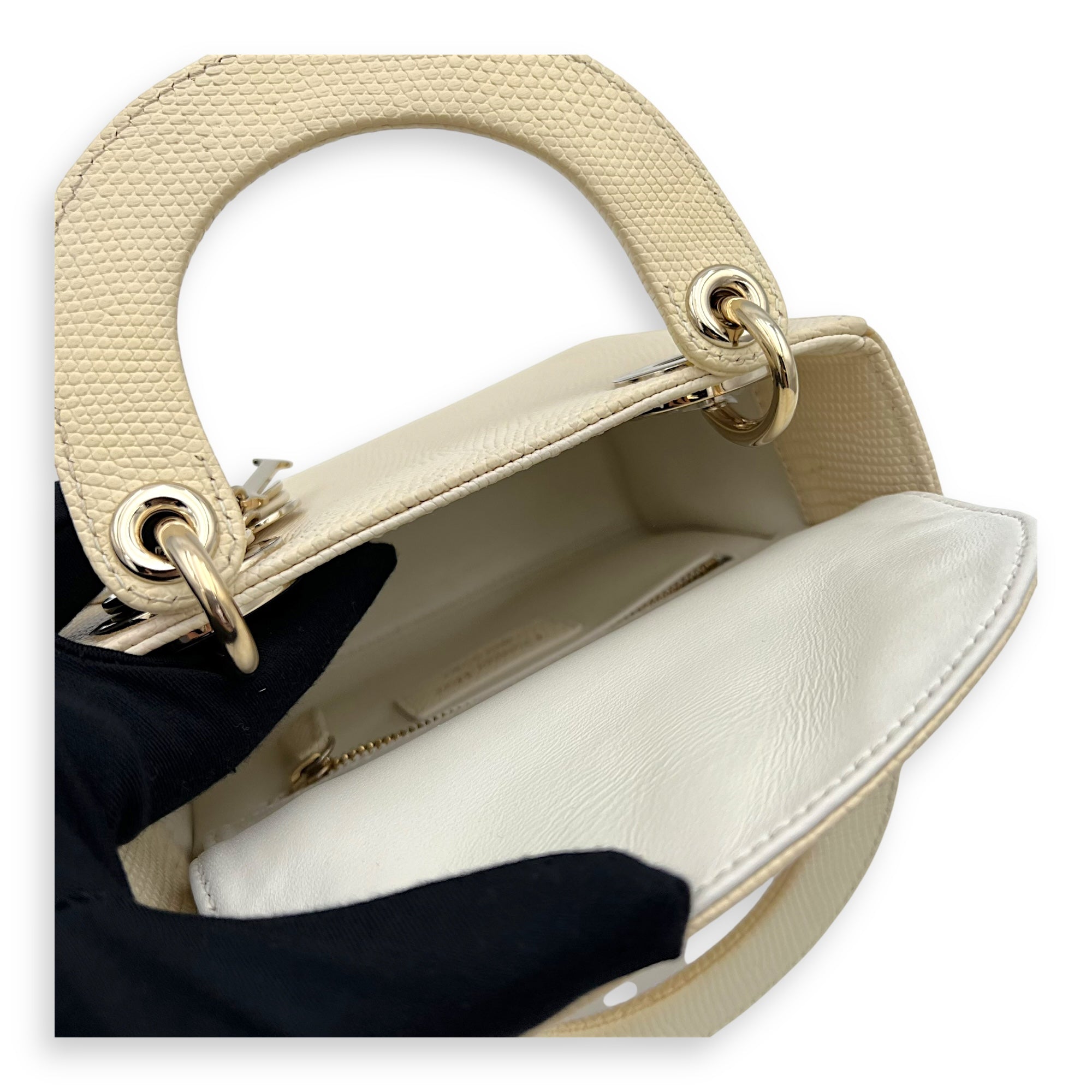 Christian Dior Lady Dior Top Handle Bag Mini Cream in Lizard, Light Gold hardware_8