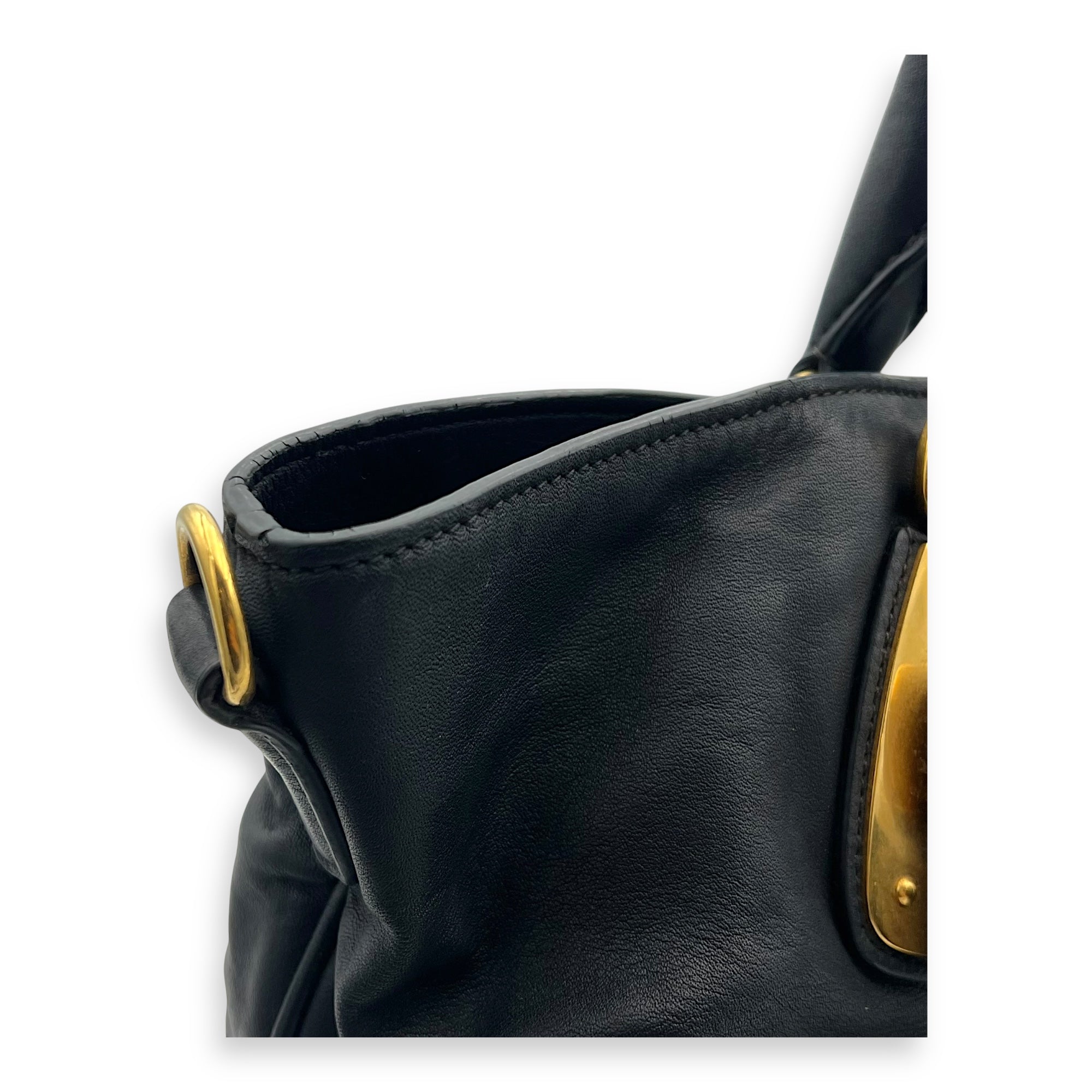 Prada Logo Top Handle Bag Black in Calfskin, Gold hardware_8