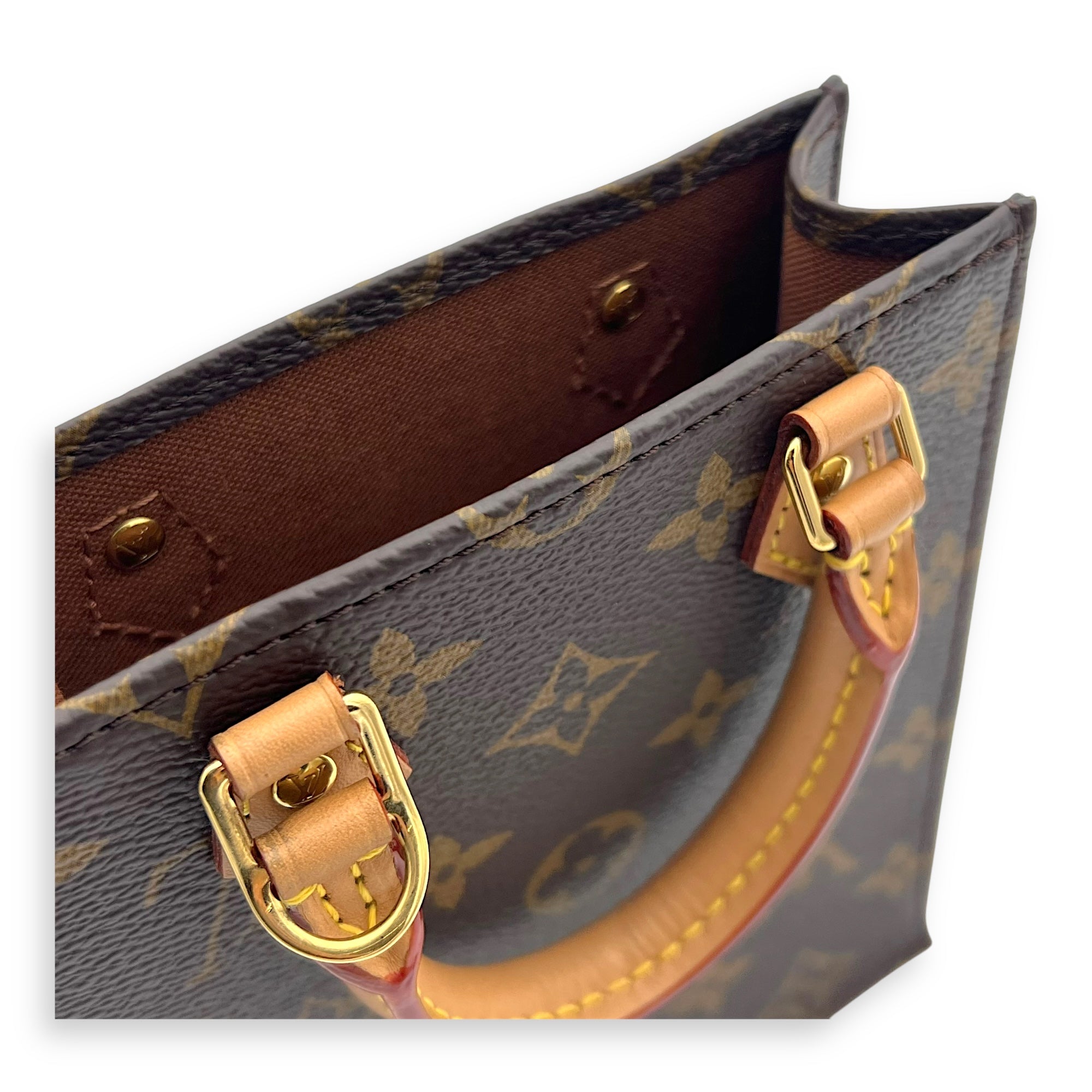 Louis Vuitton Sac Plat Petite Brown Top Handle Bag in Monogram Coated Canvas, Gold hardware_8