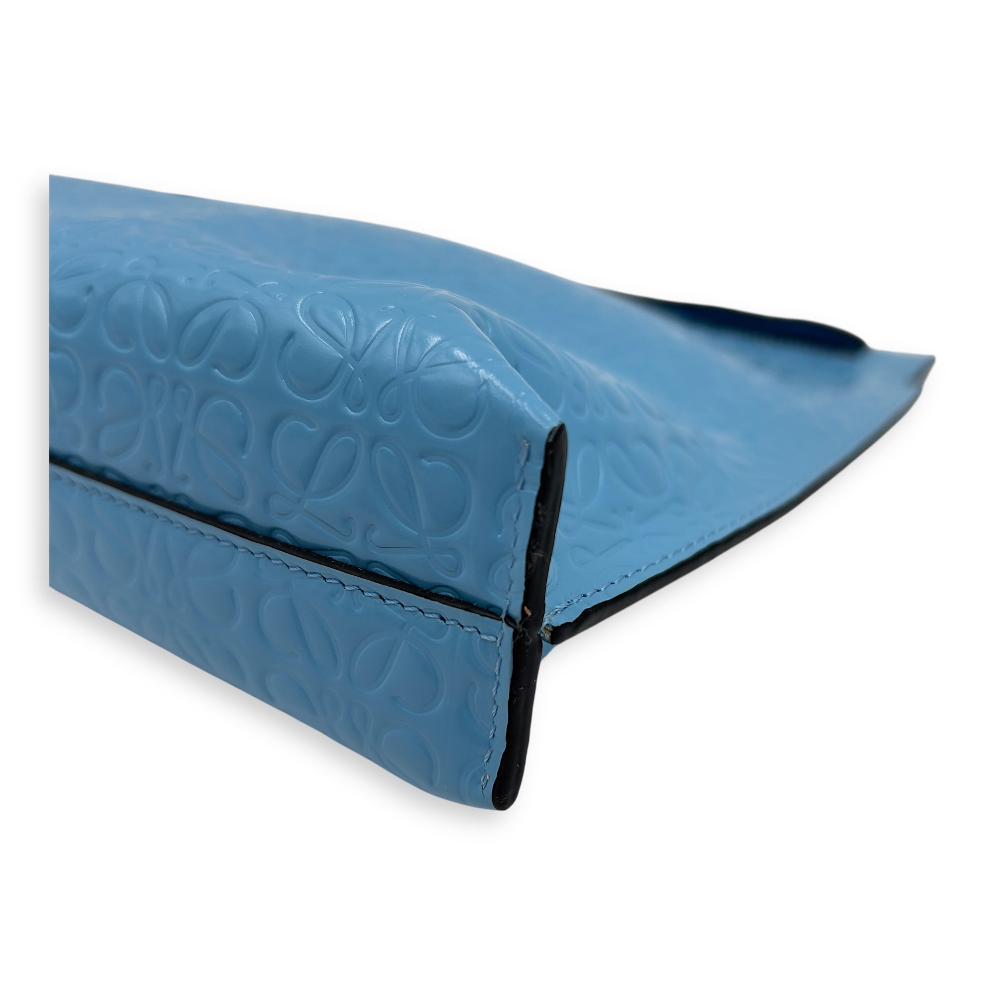 Loewe Anagram T Blue Pouch in Patent Embossed Calfskin, Silver hardware_8