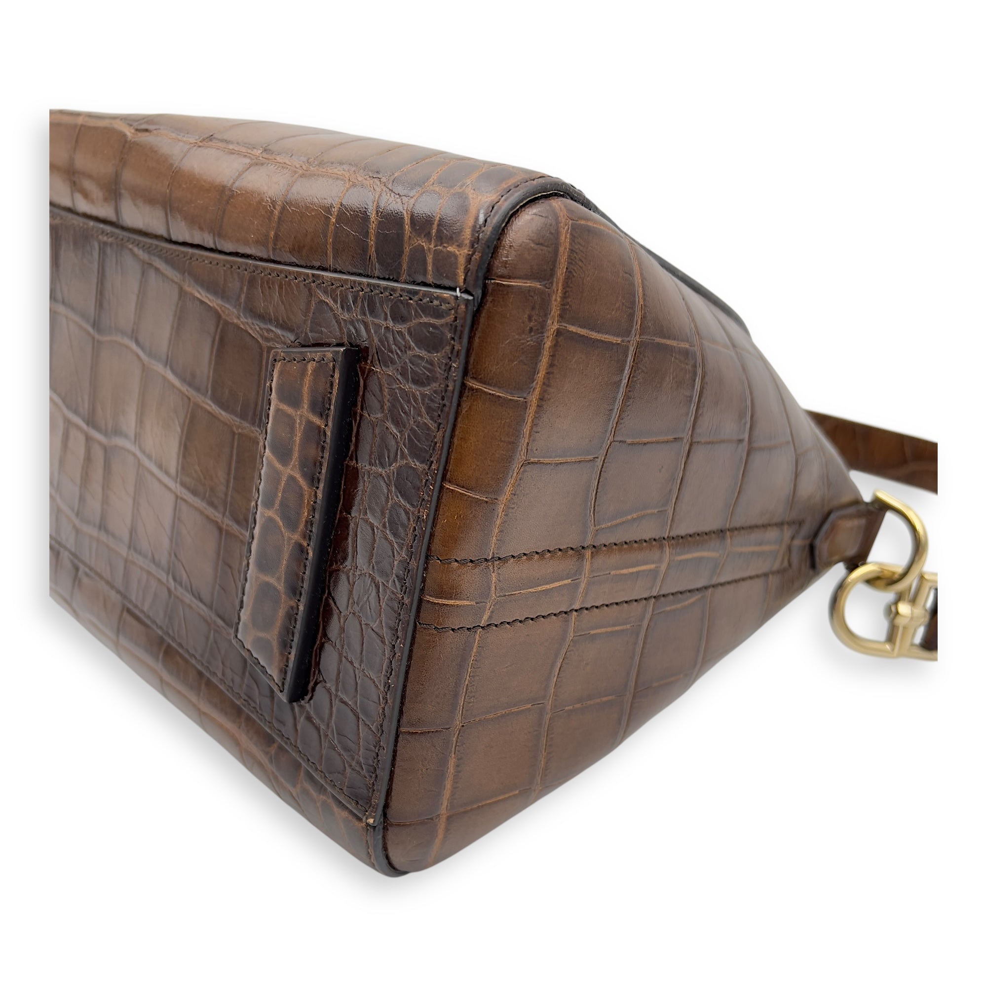 Givenchy Antigona Small Brown Top Handle Bag in Crocodile Embossed Calfskin, Gold hardware_10
