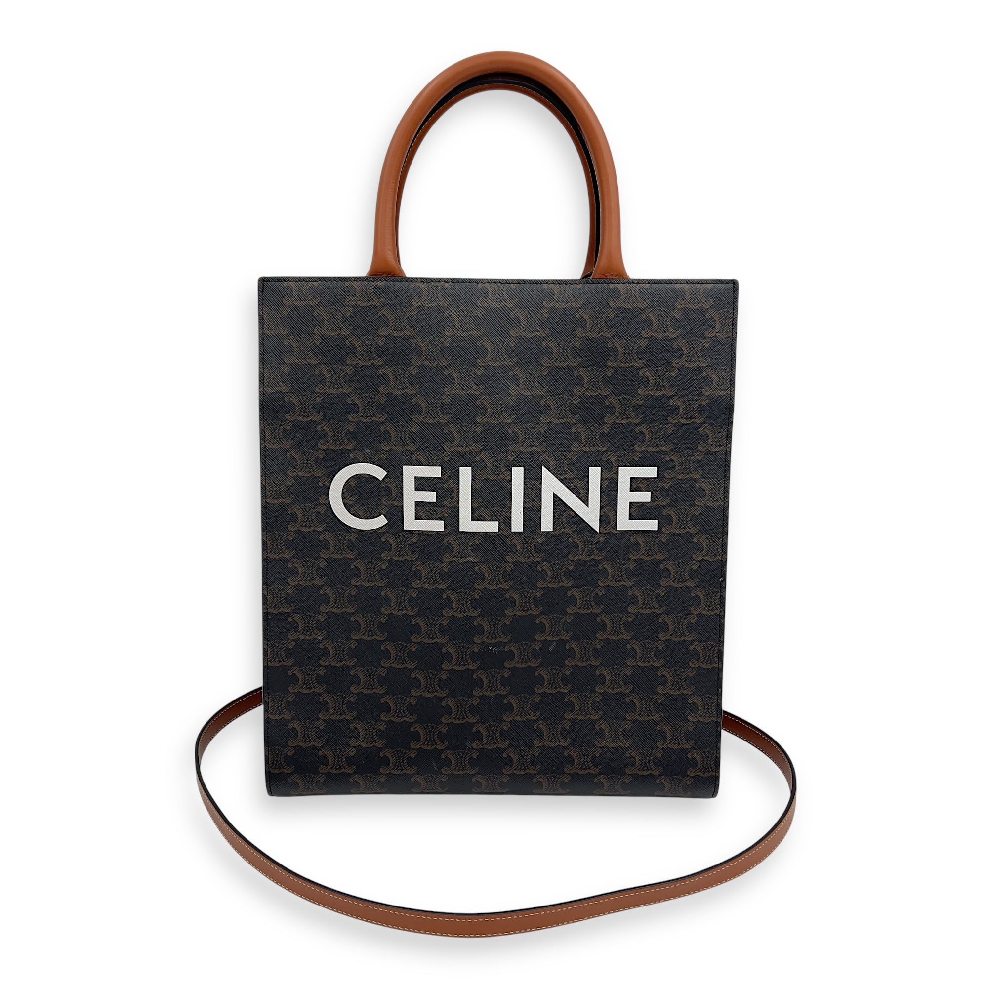 Celine Cabas Triomphe Vertical Brown Top Handle Bag in Coated Canvas, Gold hardware_6