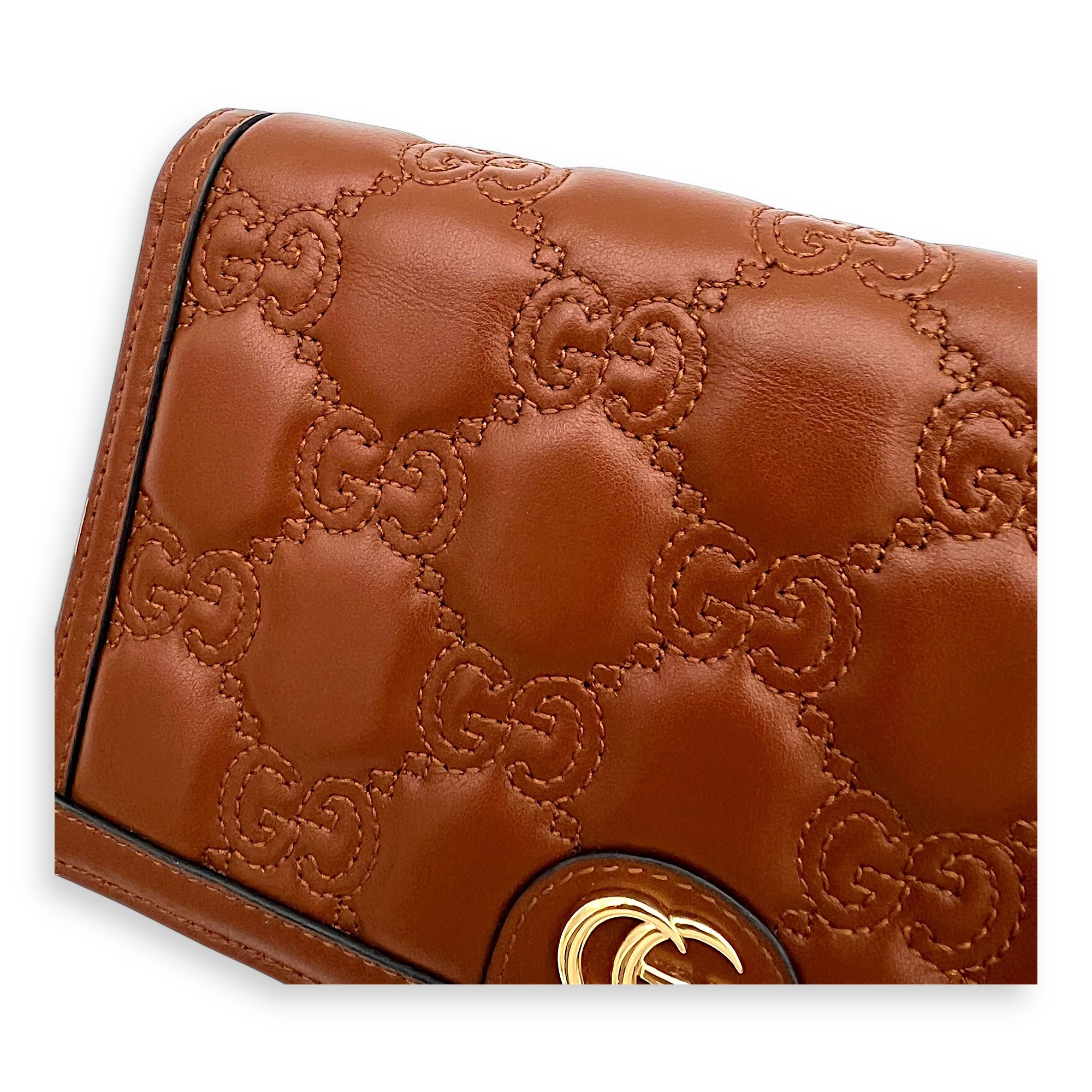 Gucci Matelassé Wallet On Chain Brown in Calfskin, Gold hardware_6