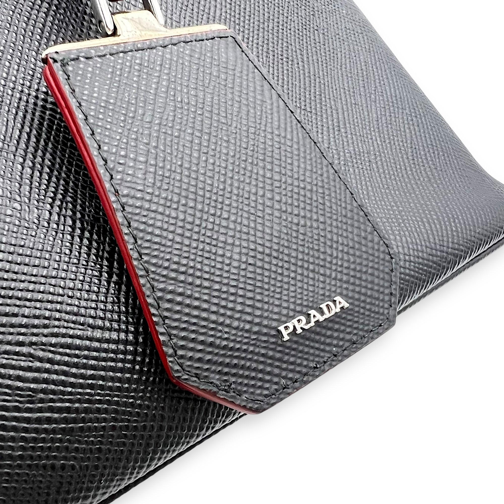Prada 2 way turnlock bag Top Handle Bag Black in Saffiano Leather, Silver hardware_7