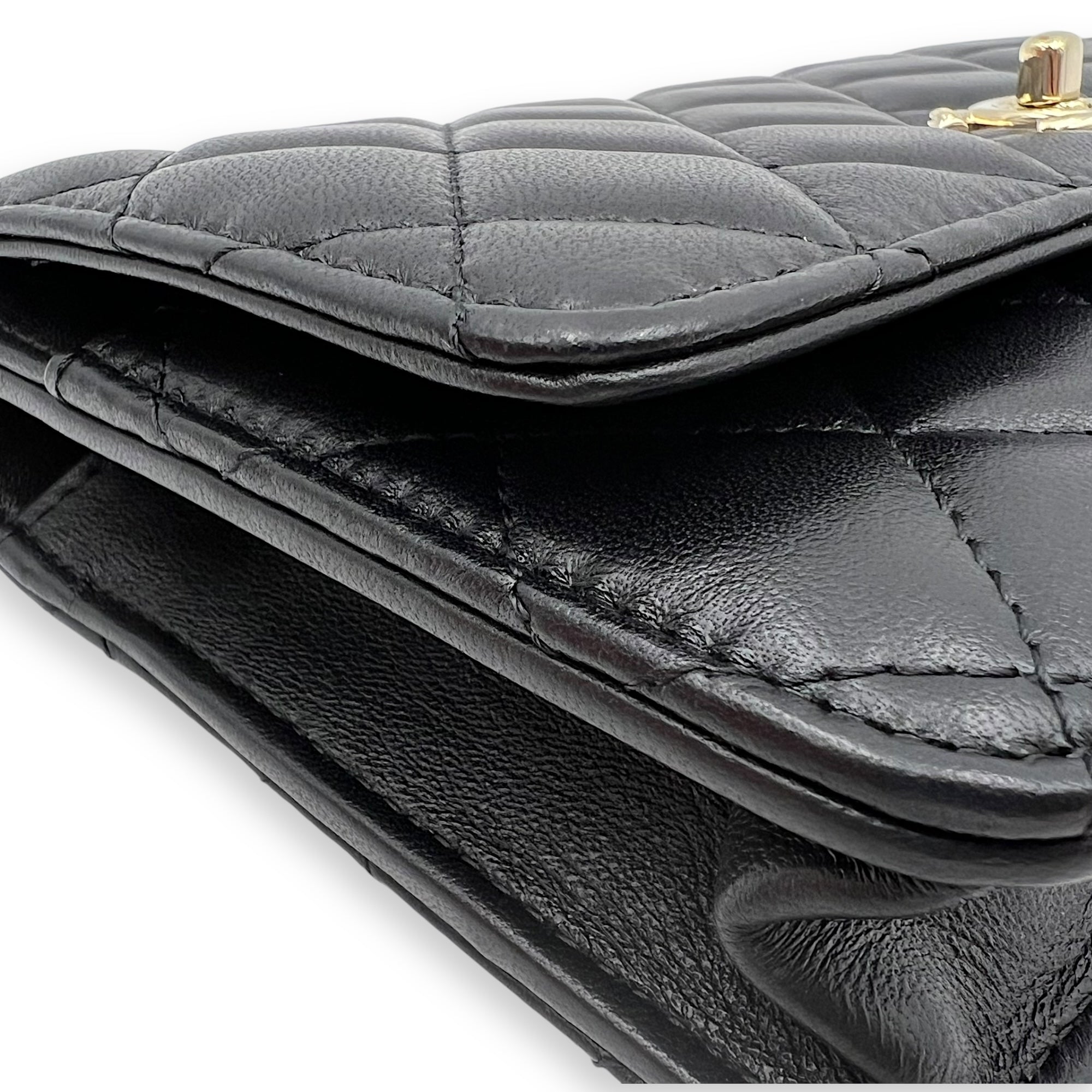 Chanel CC Pearl Crush Checkered Black Wallet On Chain in Lambskin, Light Gold hardware_8