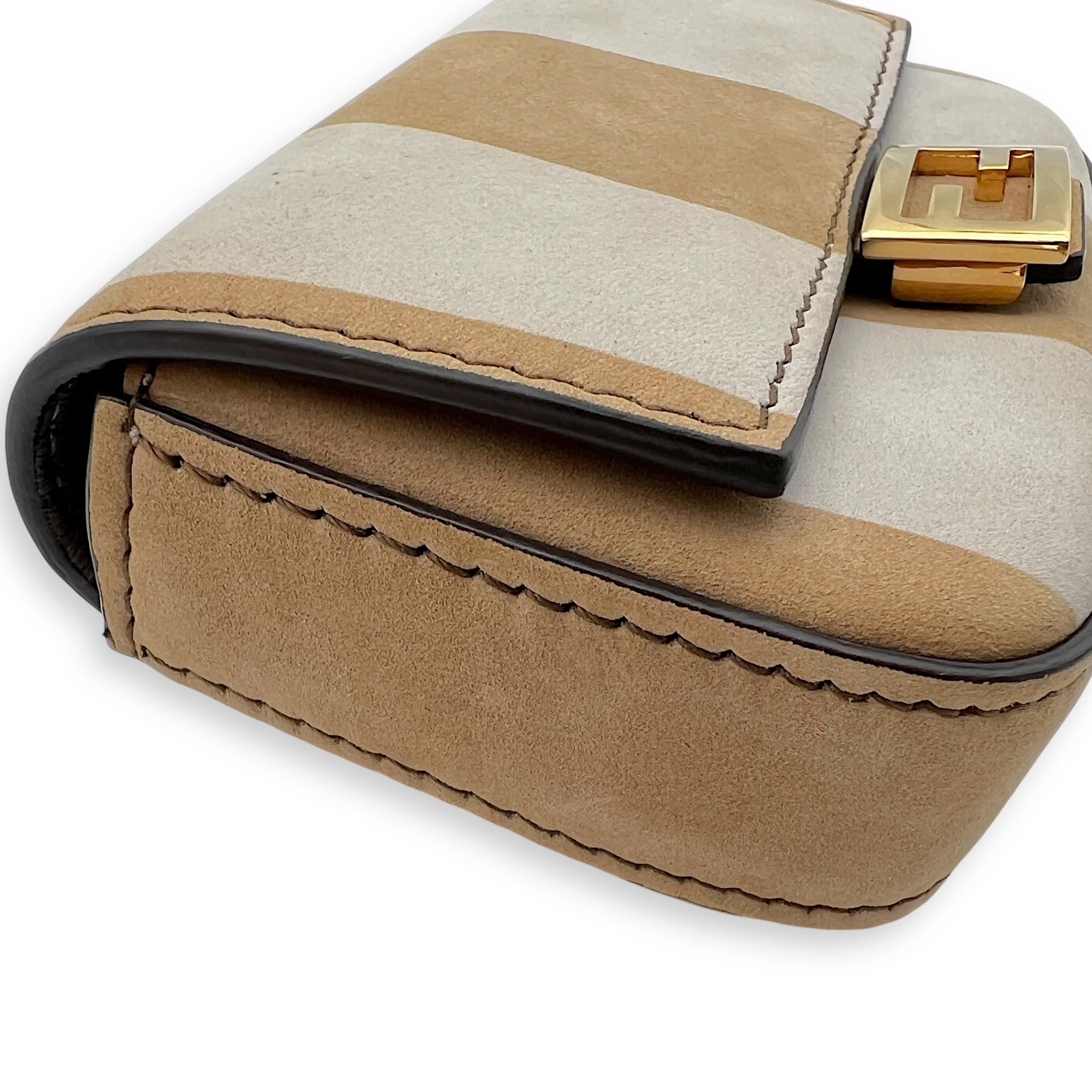 Fendi Baguette Nano Brown Crossbody Bag in Suede Leather, Gold hardware_8