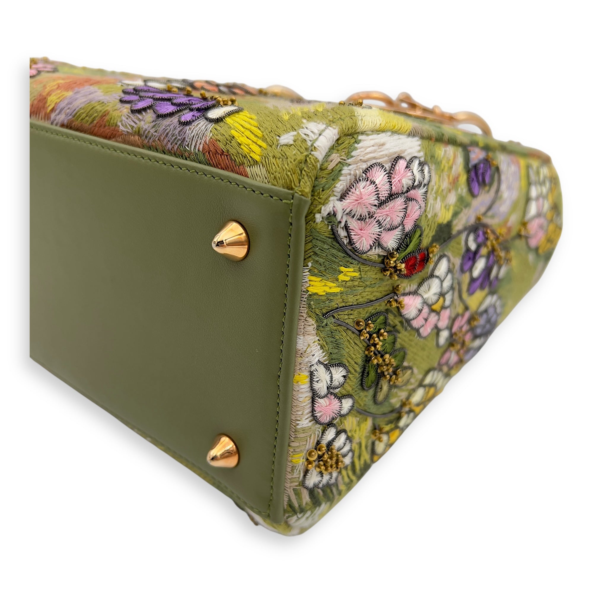 Dior Lady Dior Medium Green Top Handle Bag in Embroidered, Rose Gold hardware_8