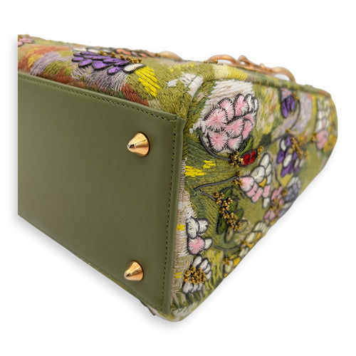 Dior Lady Dior Medium Green Top Handle Bag in Embroidered, Rose Gold hardware_8