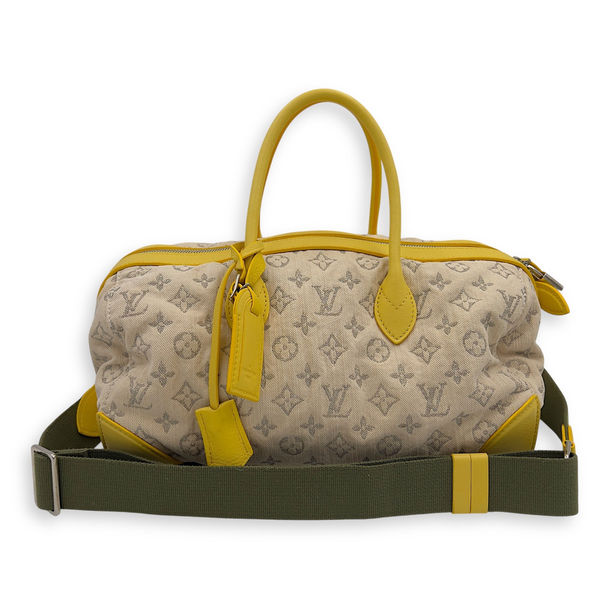 Louis Vuitton Speedy Round Beige Shoulder Bag in Denim, Gold hardware_8