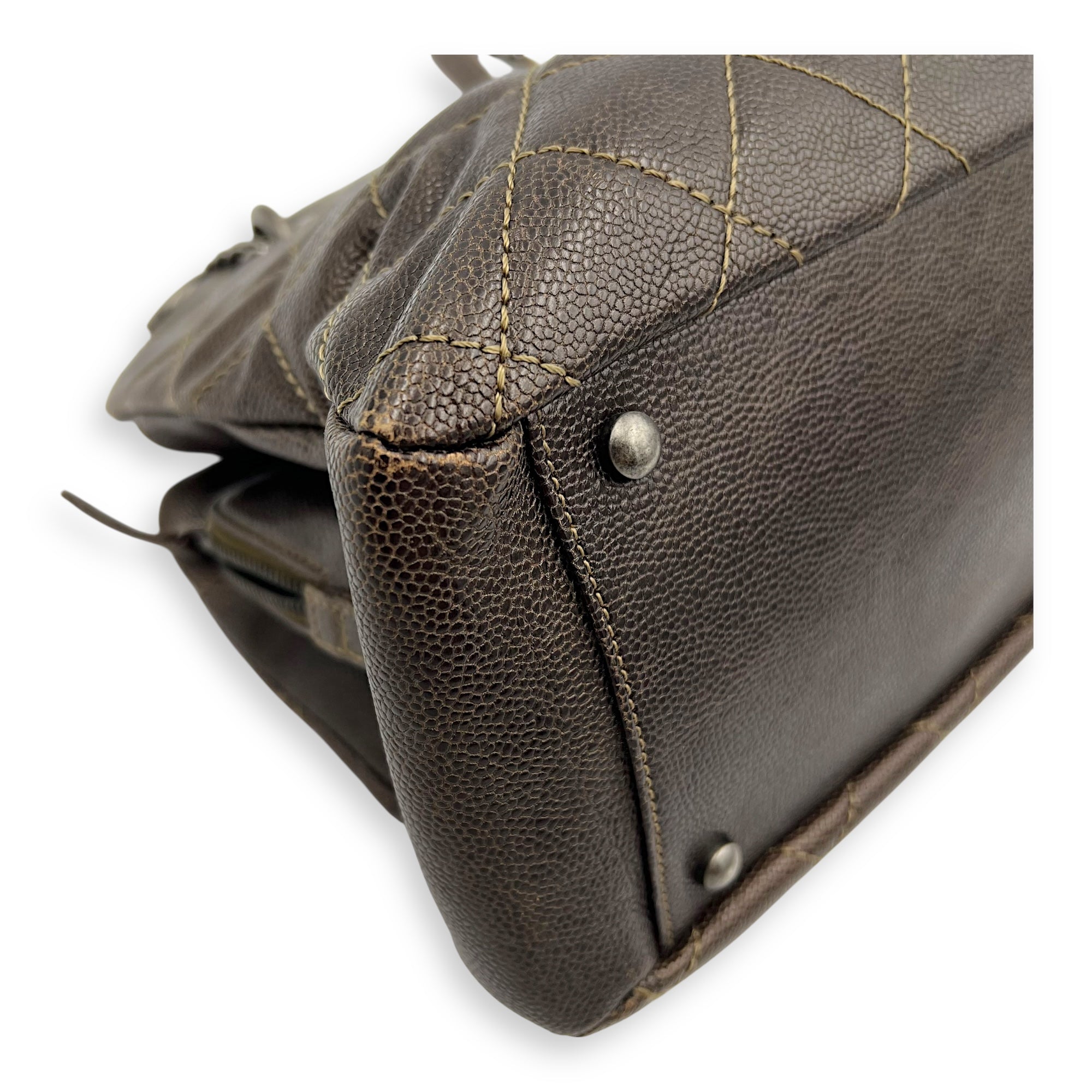 Chanel Quilted Wildstitch Tote Bag Brown in Caviar Leather, Silver hardware_6