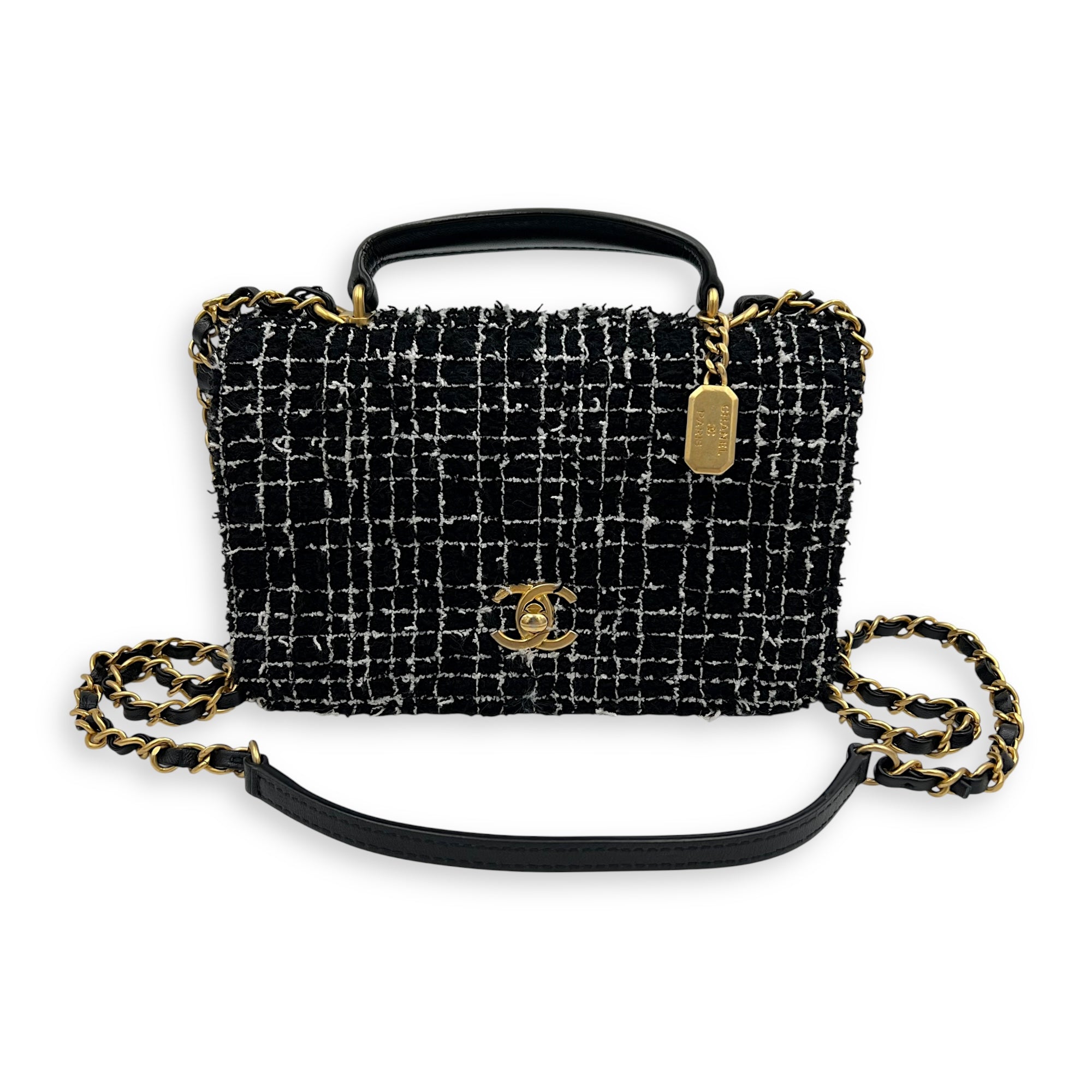 Chanel CC Black Top Handle Bag in Tweed, Gold hardware_6