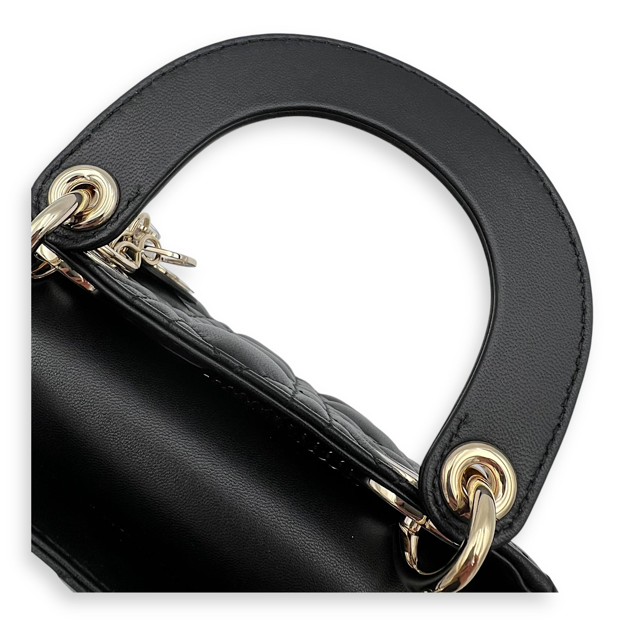 Dior Lady Dior Top Handle Bag Mini Black in Calfskin, Gold hardware_8
